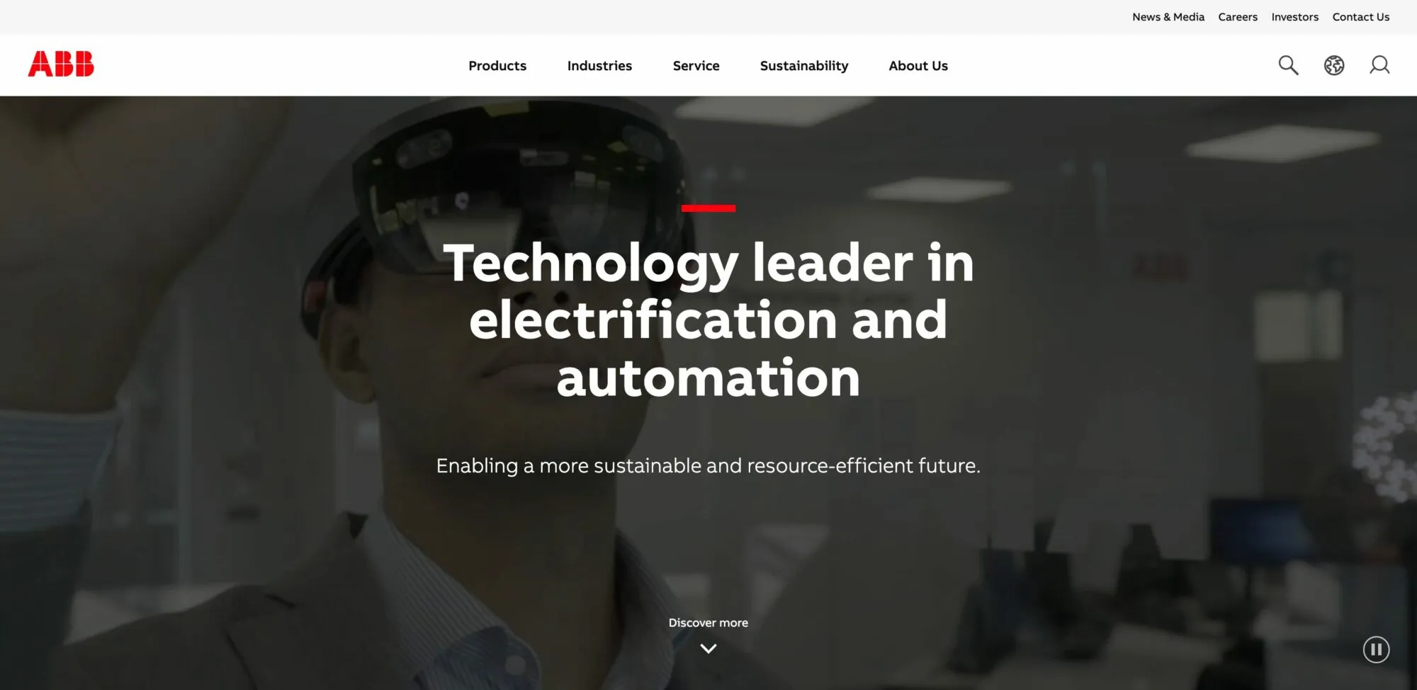 ABB homepage: an engineer wearing a mixed-reality headset behind the headline “Technology leader in electrification and automation”
