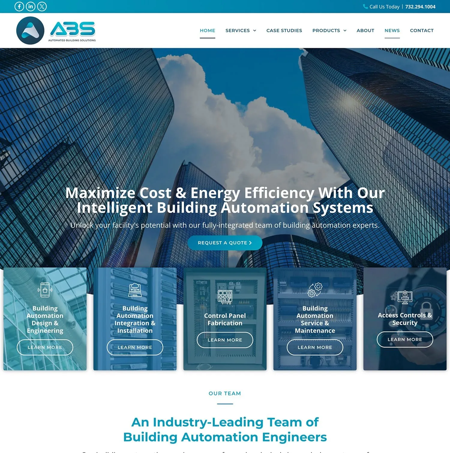 ABS Automation homepage — glass skyscrapers behind the headline “Maximize Cost & Energy Efficiency With Our Intelligent Building Automation Systems,” above five teal service cards from design and engineering to access controls
