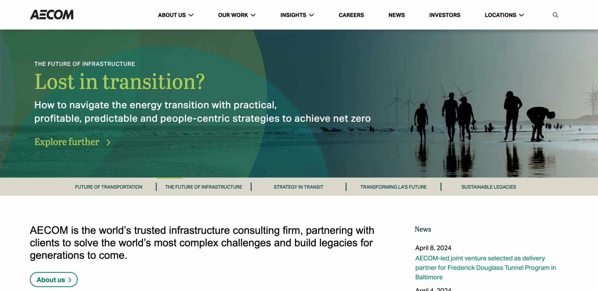 AECOM homepage: silhouettes of people on a beach with wind turbines under the headline “Lost in transition?” about the energy transition, above a news sidebar