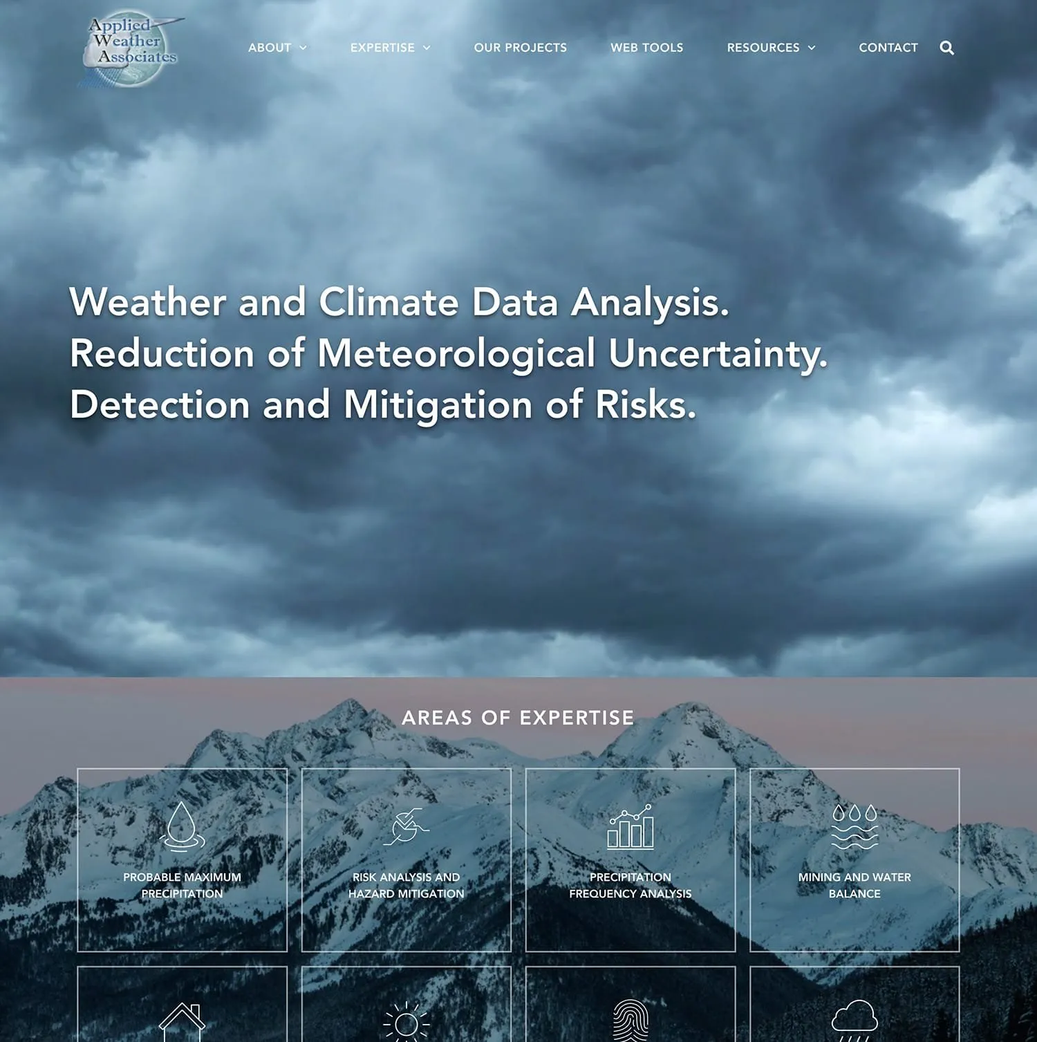 Applied Weather Associates homepage — dark storm clouds behind the headline “Weather and Climate Data Analysis. Reduction of Meteorological Uncertainty. Detection and Mitigation of Risks.” above a grid of expertise tiles over a snowy mountain range