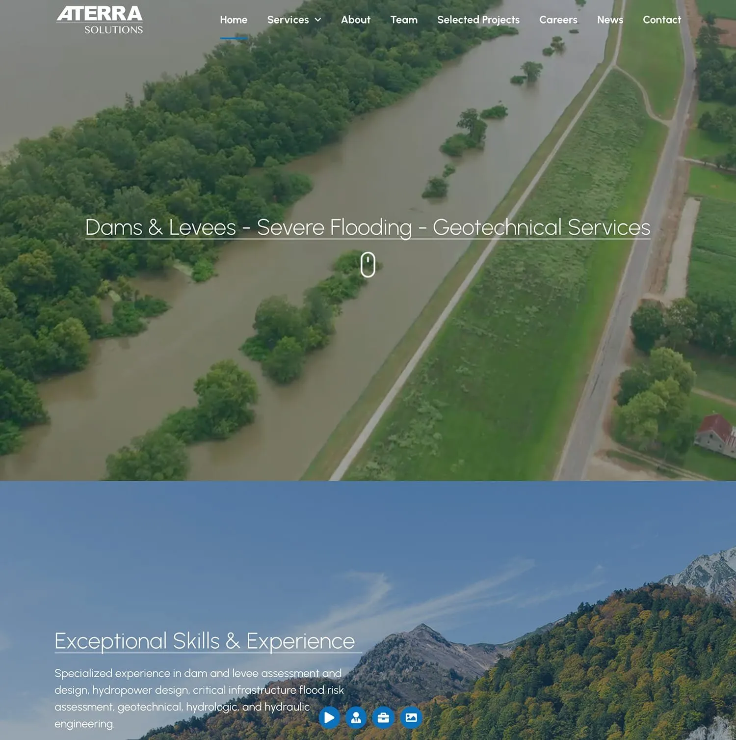 Aterra Solutions homepage — aerial video still of a levee alongside a flooded river with the line “Dams & Levees – Severe Flooding – Geotechnical Services,” above an Exceptional Skills & Experience section over a mountain landscape