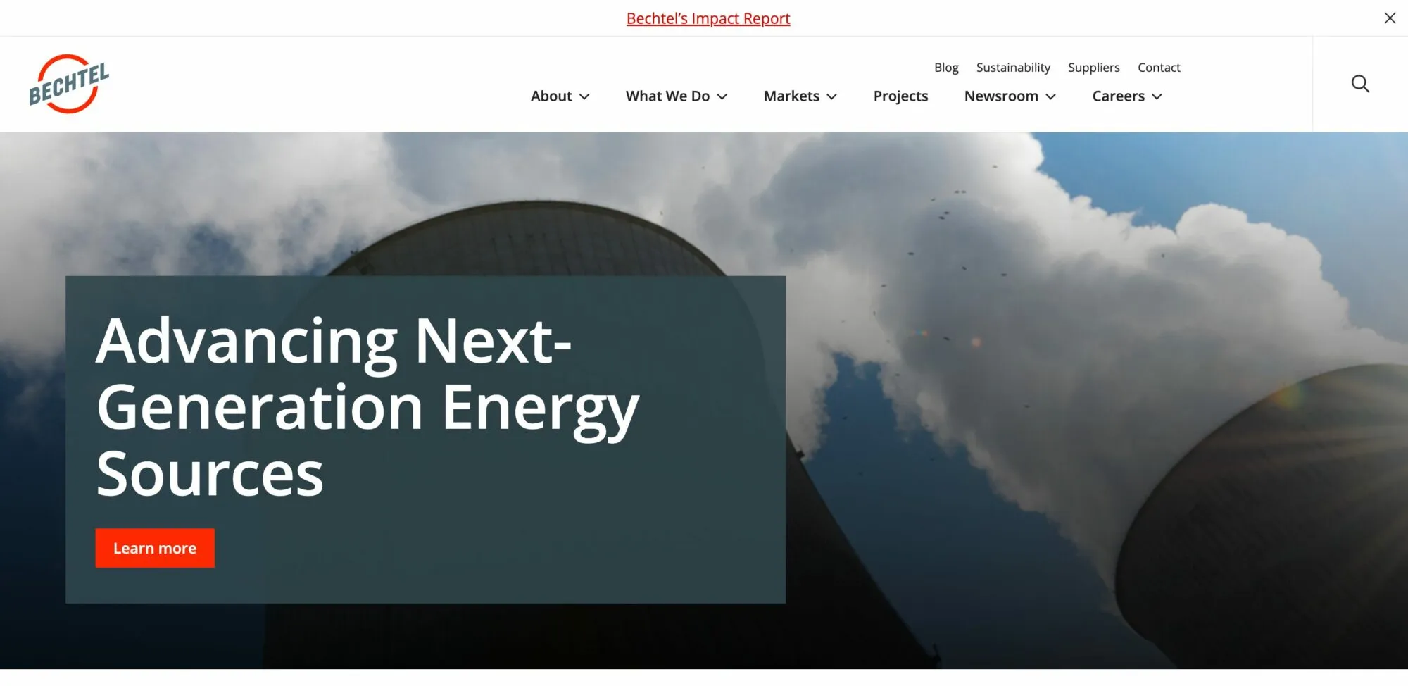 Bechtel homepage: power plant cooling towers releasing steam behind a dark panel with the headline “Advancing Next-Generation Energy Sources”