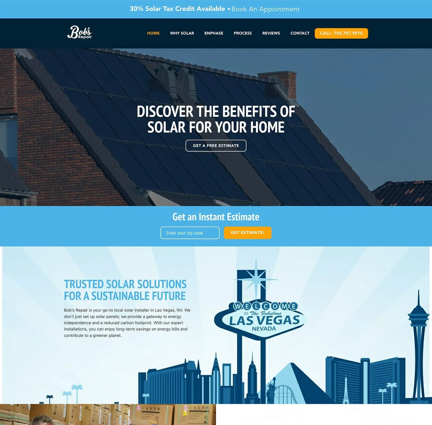 Bob's Repair Solar homepage — rooftop solar panels behind the headline “Discover the Benefits of Solar for Your Home,” an instant-estimate zip code bar, and an illustrated Las Vegas skyline section