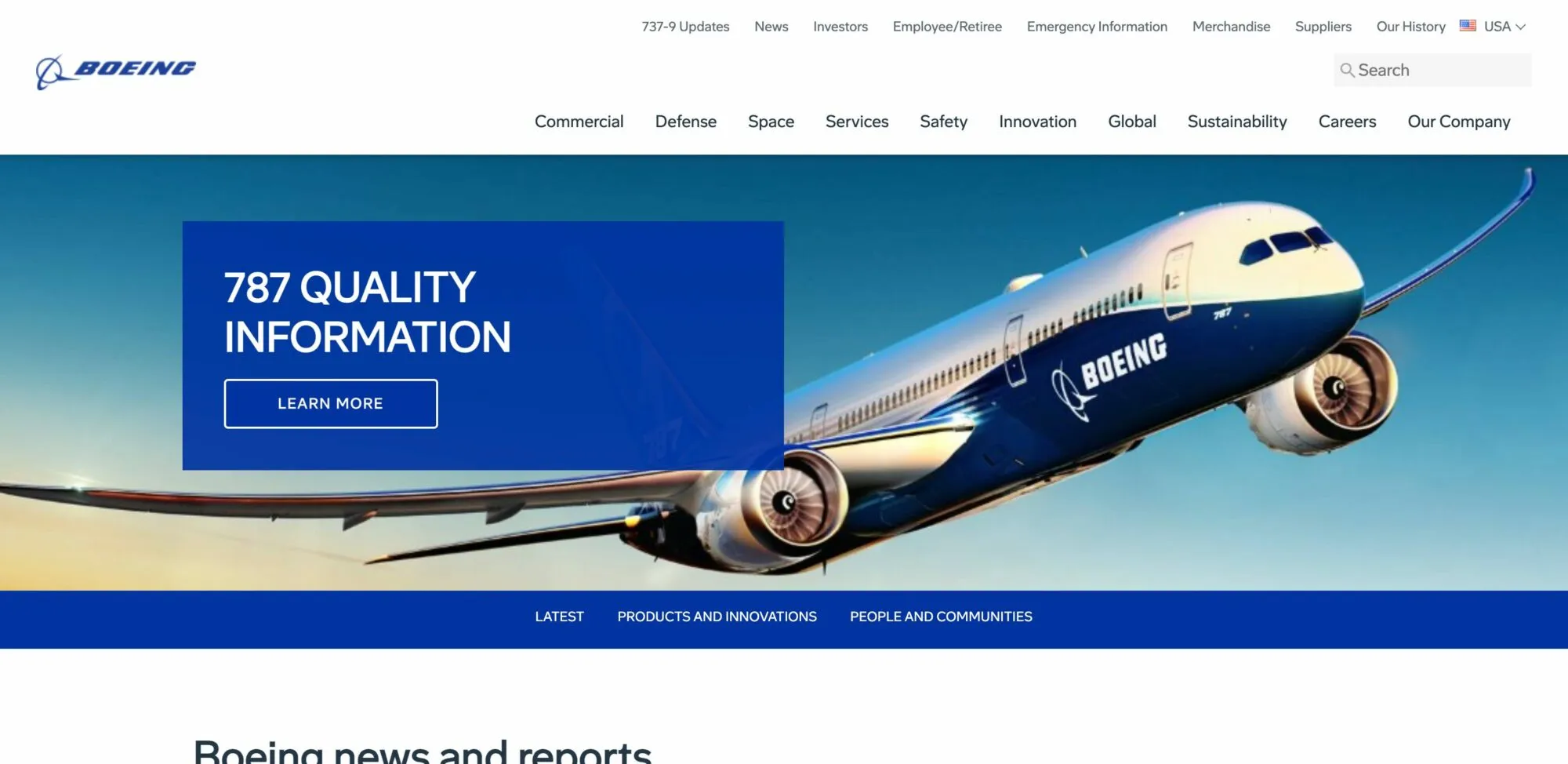 Boeing homepage: a Boeing 787 in flight against a blue sky beside a blue panel reading “787 Quality Information”