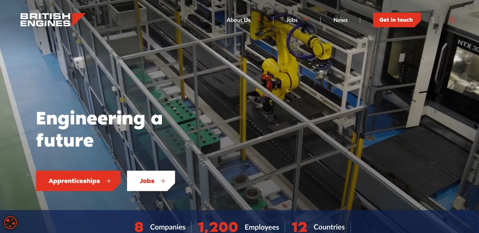 British Engines homepage: a yellow robotic arm in a factory automation cell beside the headline “Engineering a future” and a stats bar of 8 companies, 1,200 employees and 12 countries