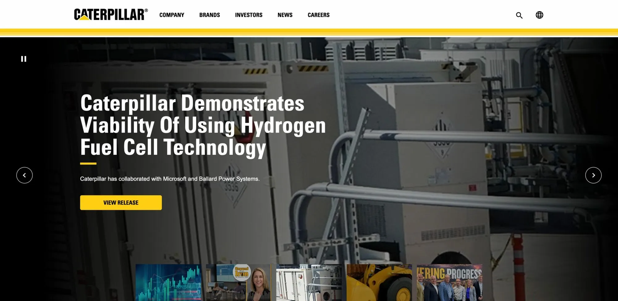 Caterpillar homepage: hero carousel featuring hydrogen fuel cell equipment and the headline “Caterpillar Demonstrates Viability of Using Hydrogen Fuel Cell Technology” with a yellow View Release button