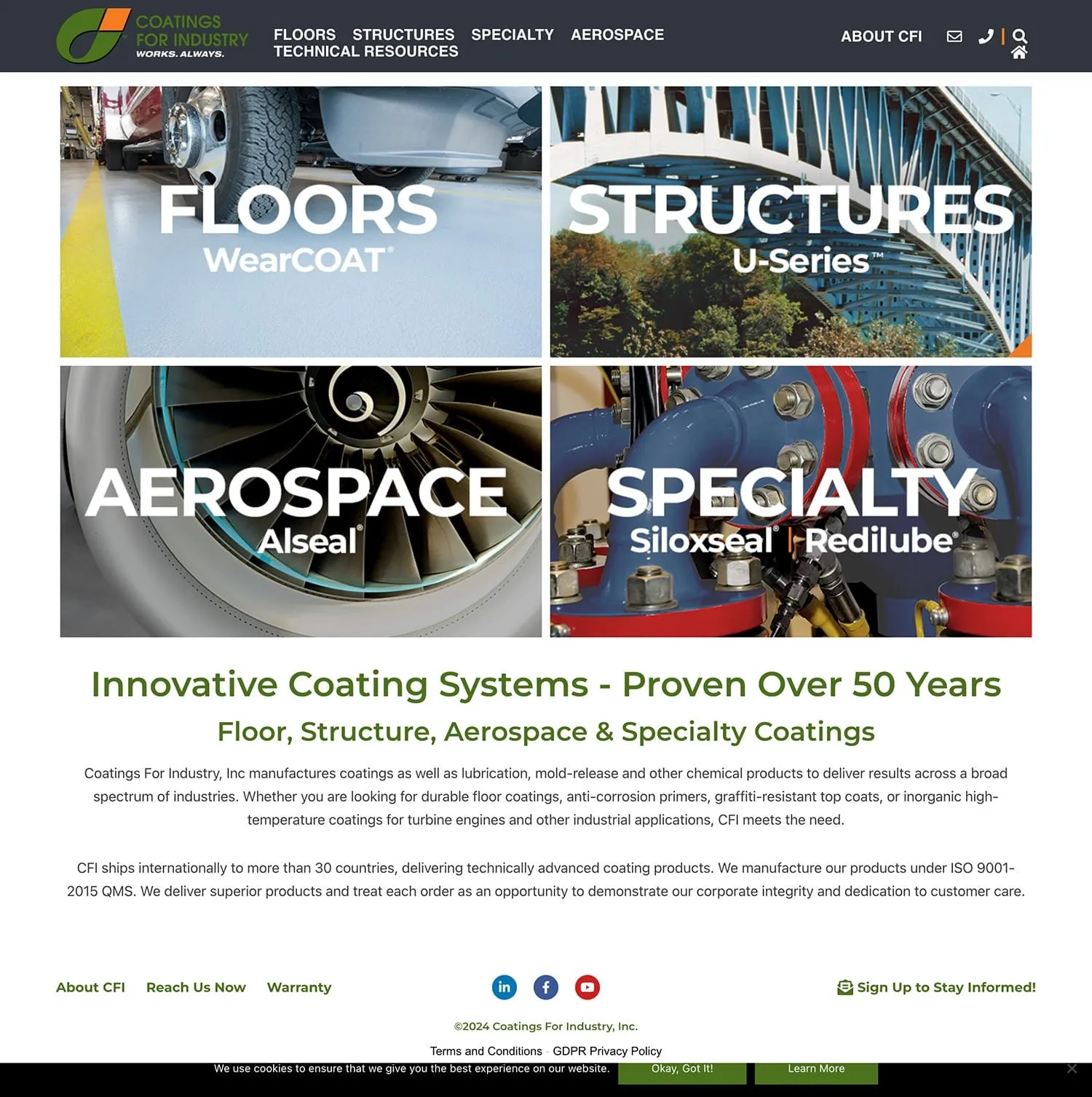 Coatings For Industry homepage — four large photo tiles for Floors, Structures, Aerospace, and Specialty product lines, above the headline “Innovative Coating Systems – Proven Over 50 Years”