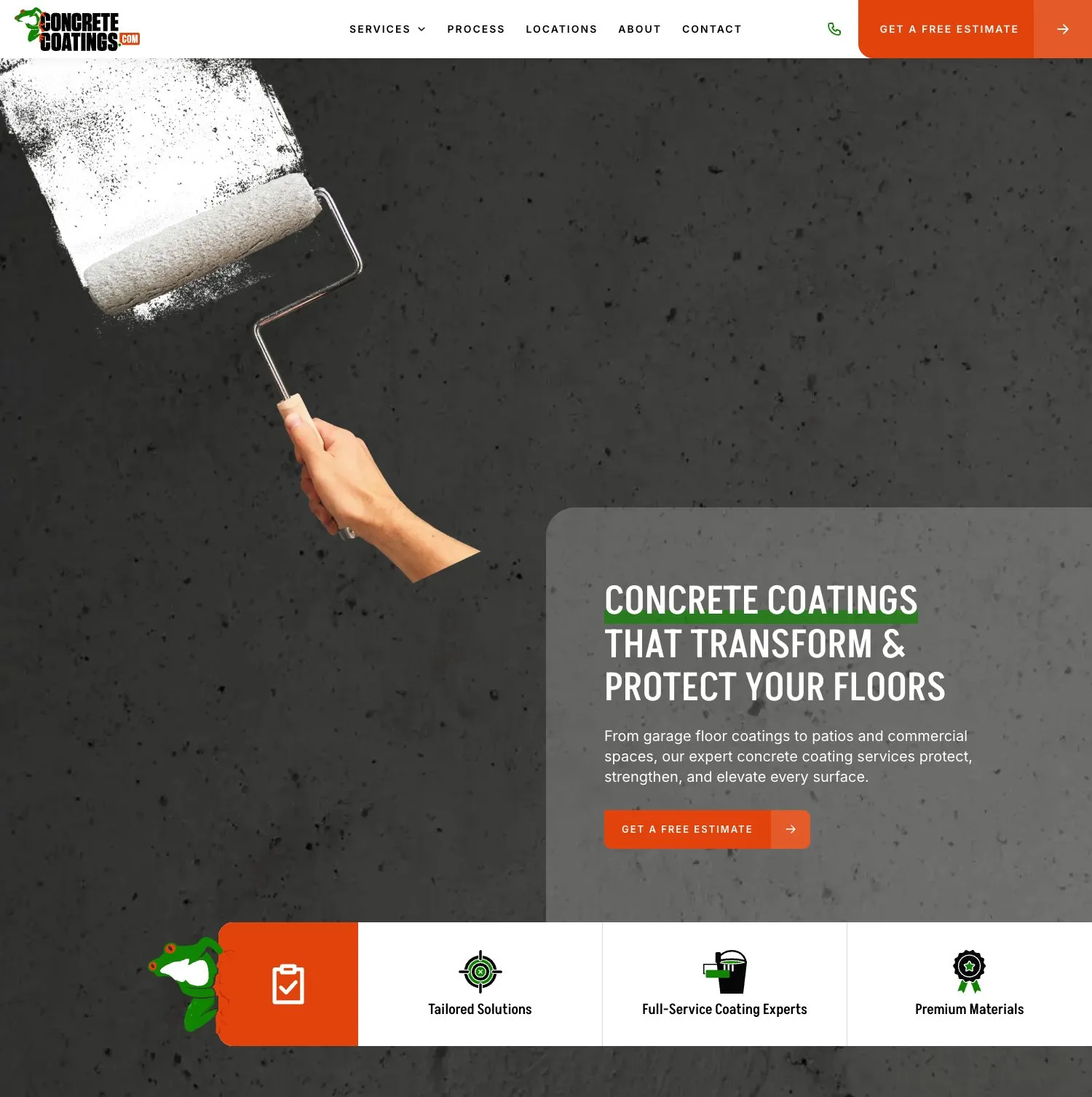 ConcreteCoatings.com homepage — a hand rolling white coating onto dark concrete beside the headline “Concrete Coatings That Transform & Protect Your Floors” and a Get a Free Estimate button, above feature tiles for Tailored Solutions, Full-Service Coating Experts, and Premium Materials
