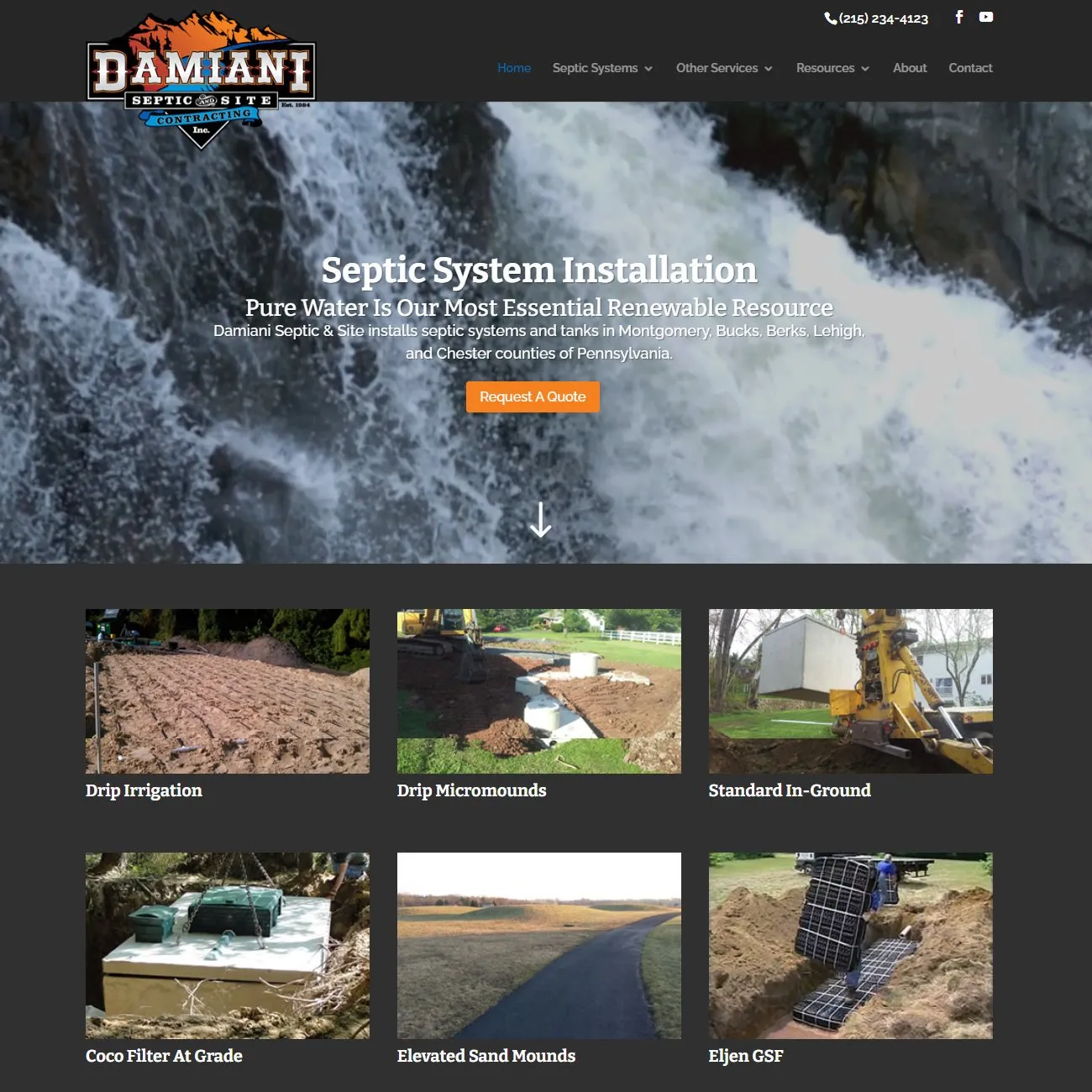 Damiani Septic homepage — rushing waterfall hero with the headline “Septic System Installation” and a Request a Quote button, above a dark grid of photo tiles for drip irrigation, sand mounds, and other septic systems