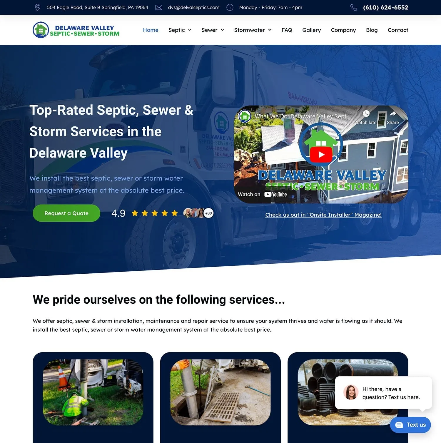 Delaware Valley Septics homepage — blue-tinted photo of a service truck behind the headline “Top-Rated Septic, Sewer & Storm Services in the Delaware Valley,” a quote button, star rating, and an embedded company video