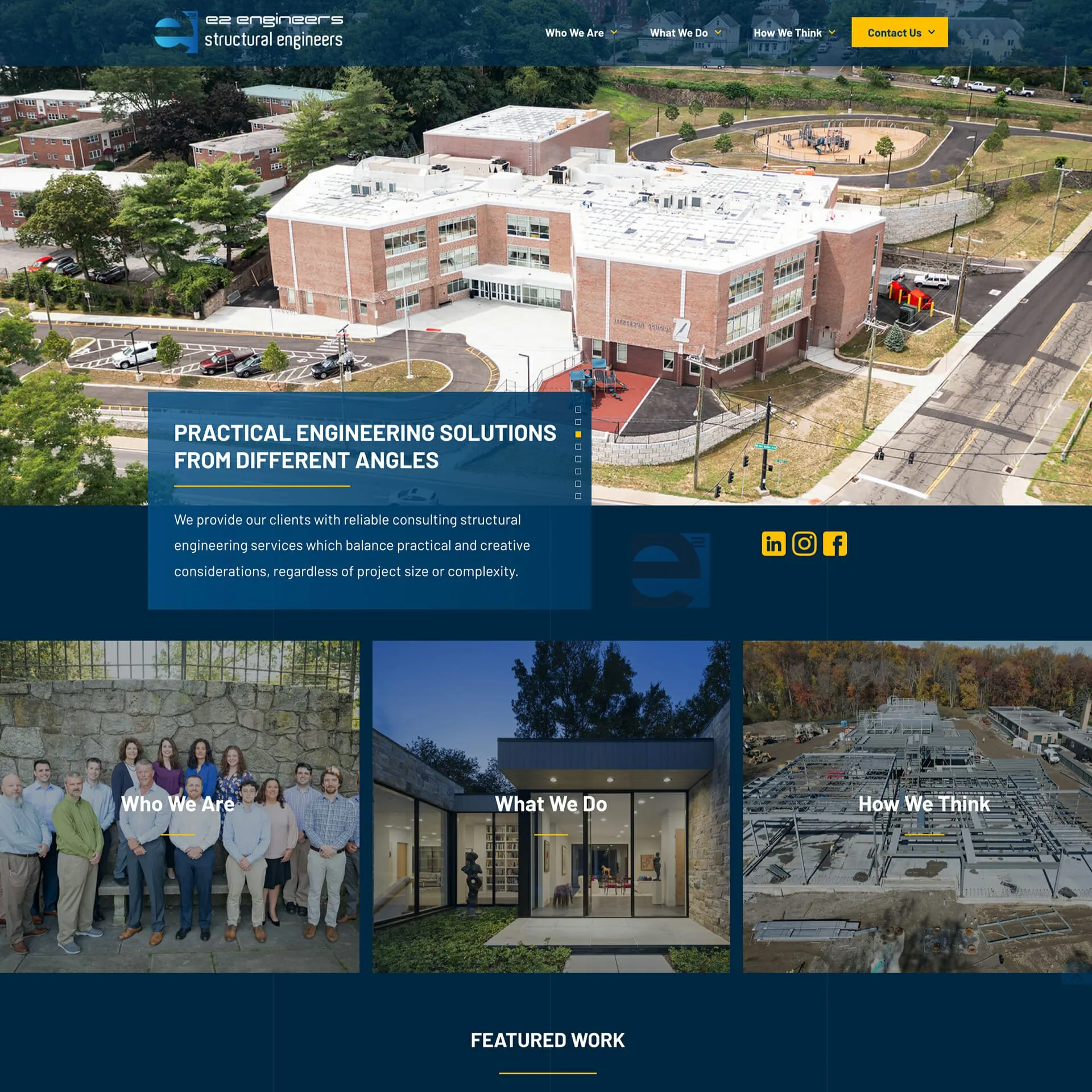 e2 engineers homepage — aerial photo of a large brick school building with the tagline “Practical Engineering Solutions From Different Angles,” above three photo tiles linking to Who We Are, What We Do, and How We Think