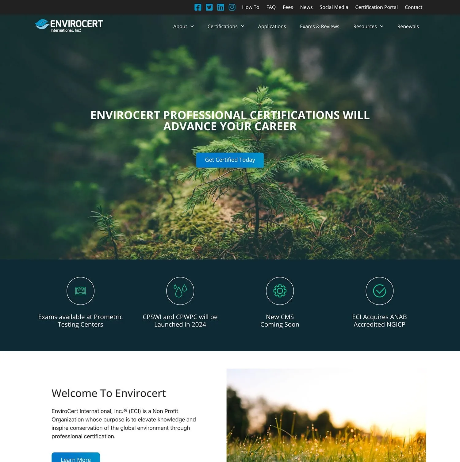 EnviroCert International homepage — close-up of a young conifer seedling behind the headline “EnviroCert Professional Certifications Will Advance Your Career” and a Get Certified Today button, above a dark teal news bar