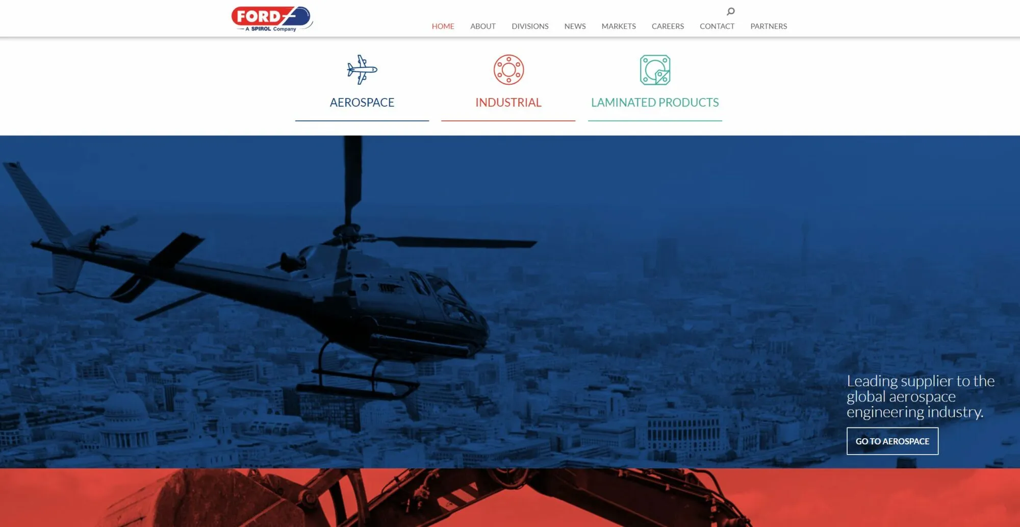 Ford Engineering homepage: Aerospace, Industrial and Laminated Products division tabs above a blue-tinted photo of a helicopter over a city, captioned “Leading supplier to the global aerospace engineering industry”