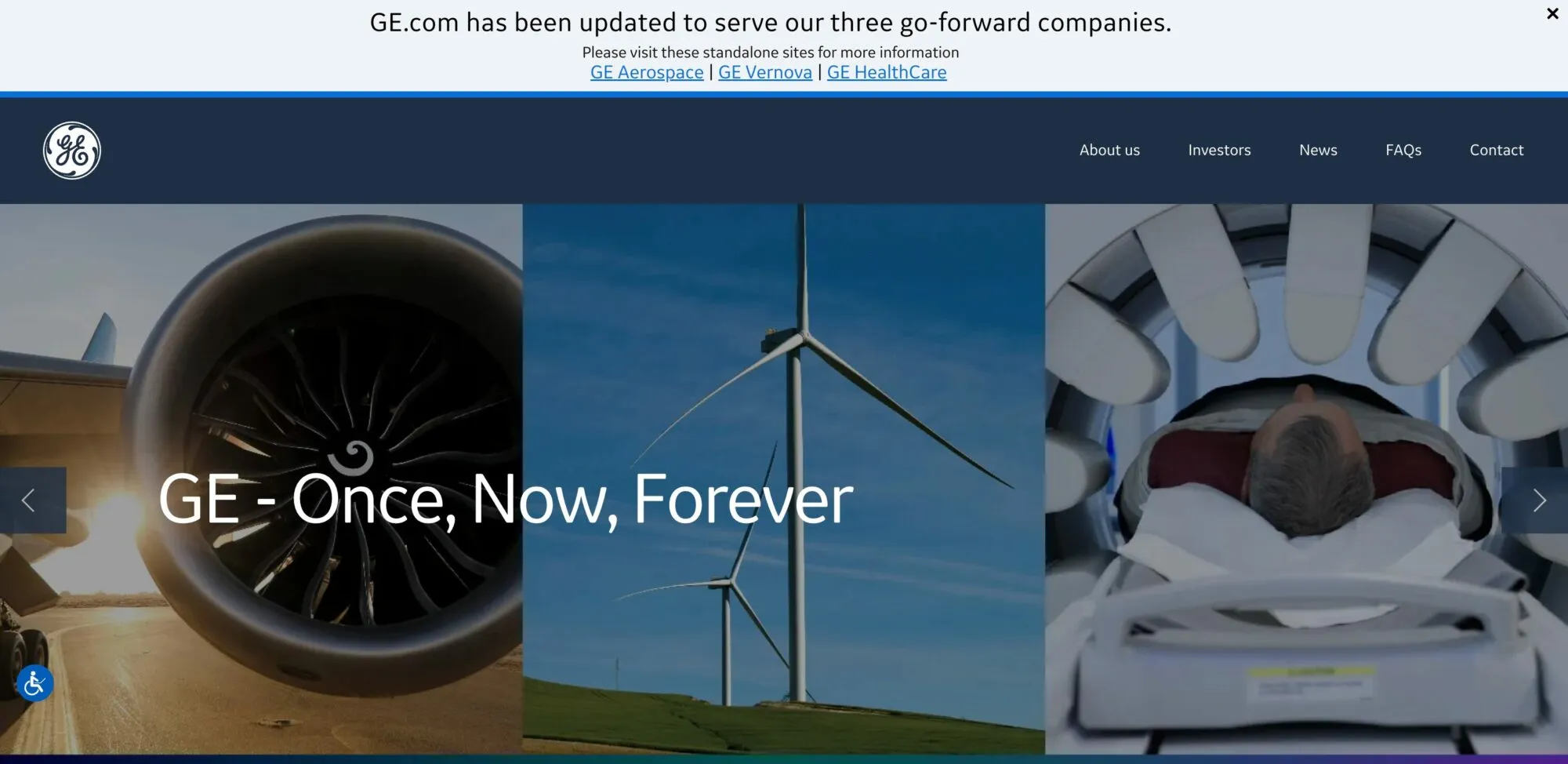 General Electric homepage: three-panel hero of a jet engine, wind turbines and a medical scanner under the headline “GE - Once, Now, Forever,” with links to GE Aerospace, GE Vernova and GE HealthCare