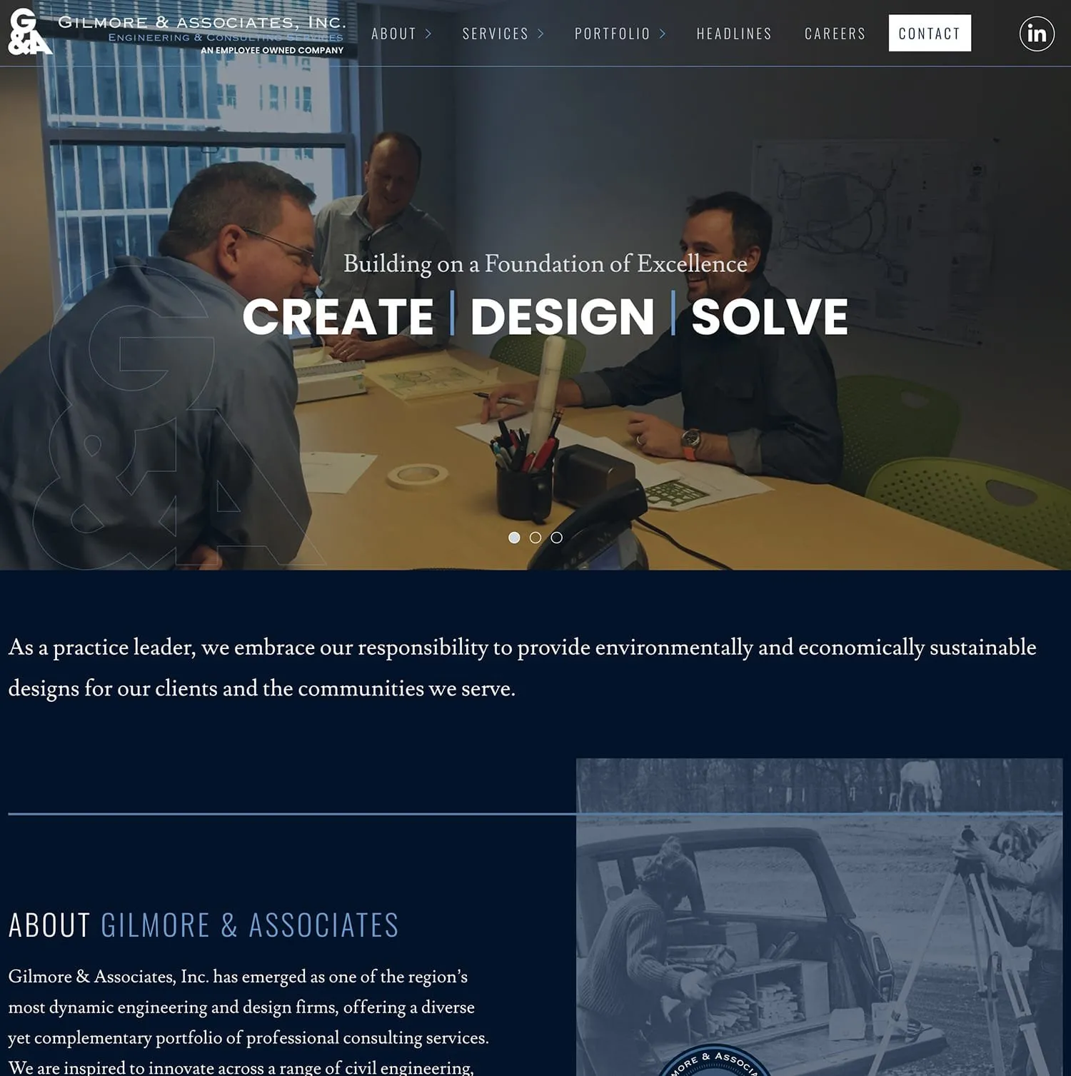 Gilmore & Associates homepage — photo of two engineers reviewing plans at a table under the headline “Create | Design | Solve,” with an About Gilmore & Associates section on navy below