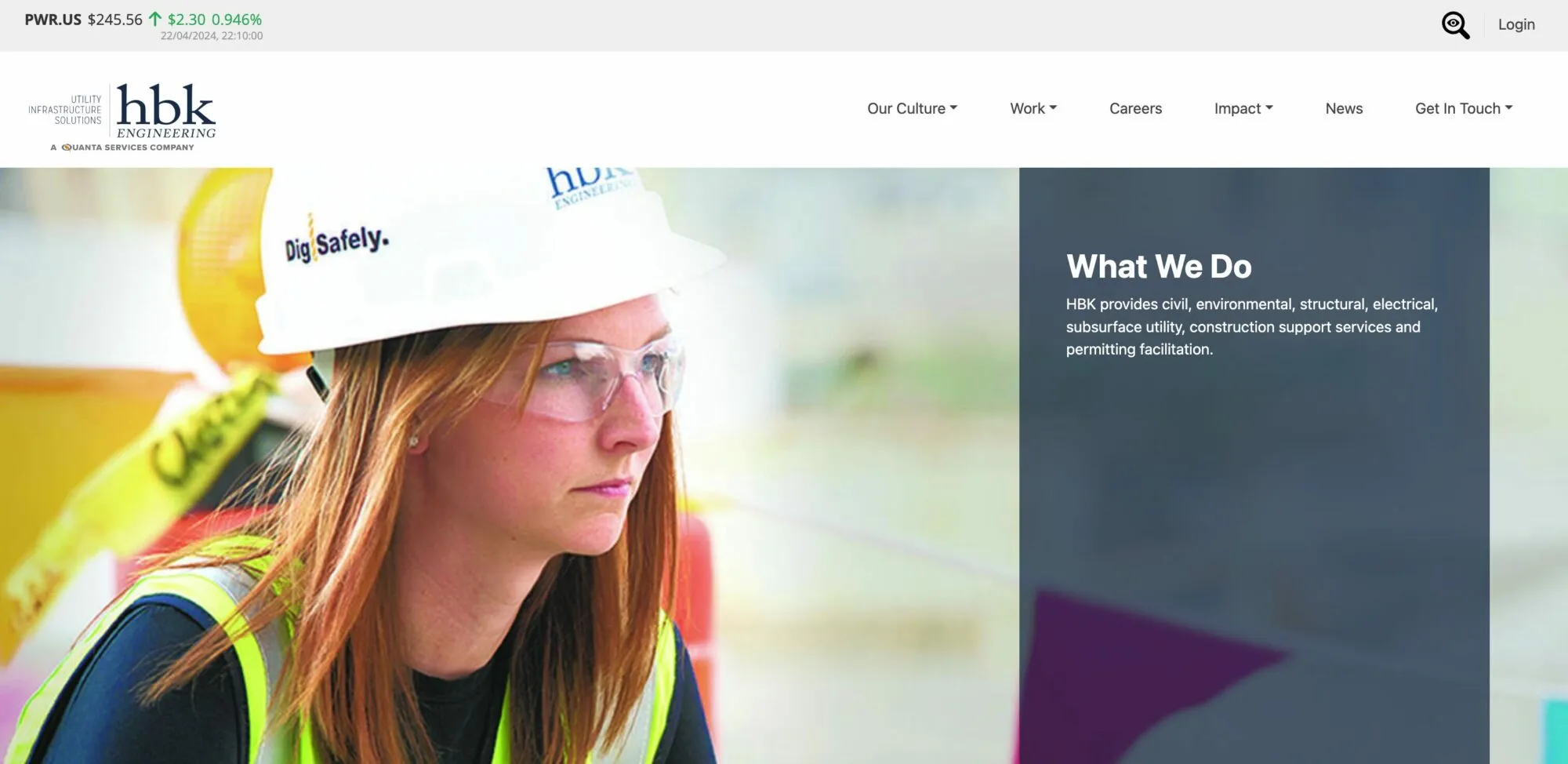HBK Engineering homepage: a field engineer in a hard hat and safety glasses beside a “What We Do” panel listing civil, environmental, structural, electrical and subsurface utility services
