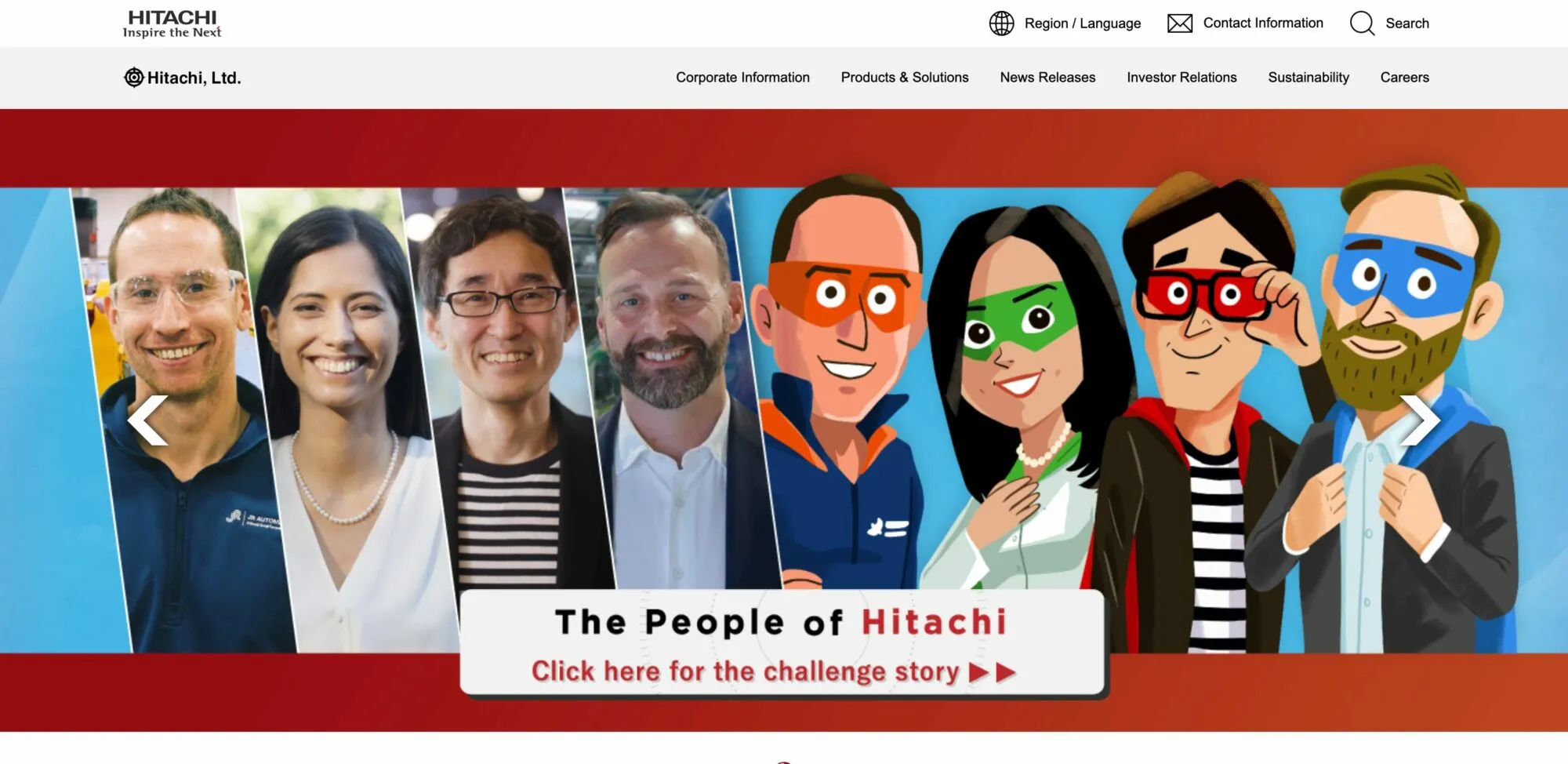 Hitachi homepage: “The People of Hitachi” banner pairing photos of four employees with cartoon superhero versions of them