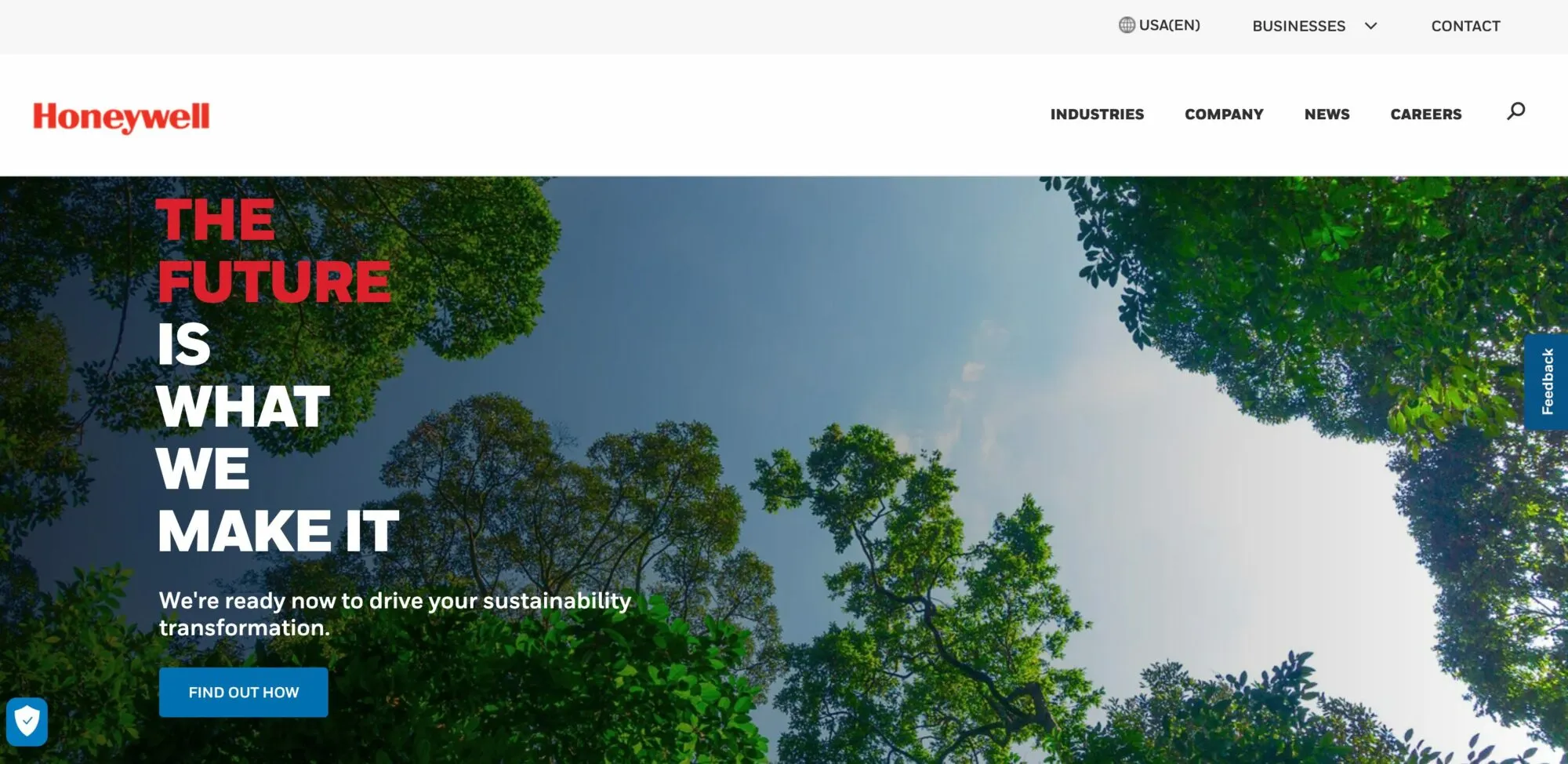 Honeywell homepage: upward view of a green forest canopy with the stacked headline “The Future Is What We Make It” and a sustainability call to action
