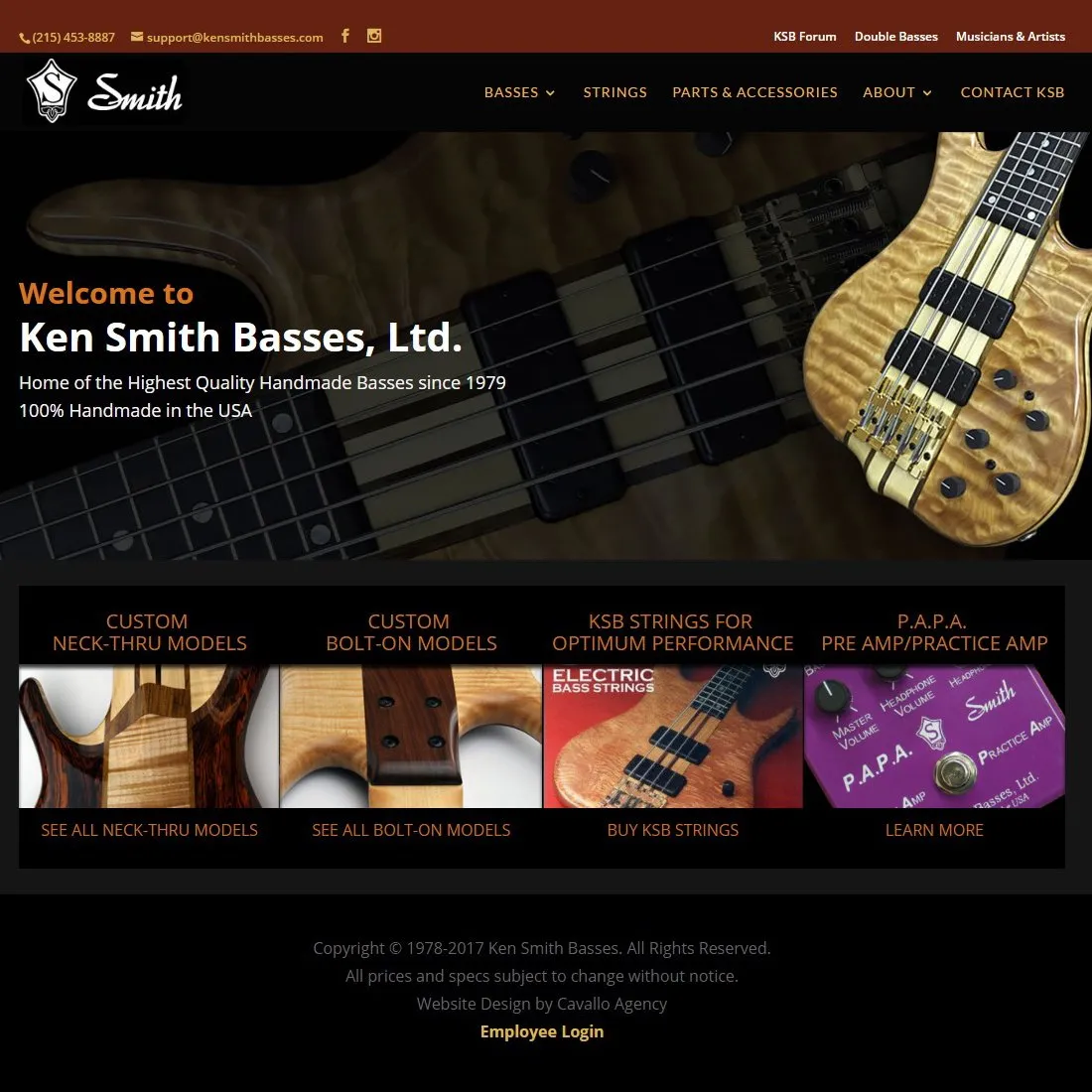 Ken Smith Basses homepage — close-up of a figured-maple bass behind the headline “Welcome to Ken Smith Basses, Ltd.,” above four product tiles for neck-thru models, bolt-on models, strings, and the P.A.P.A. practice amp
