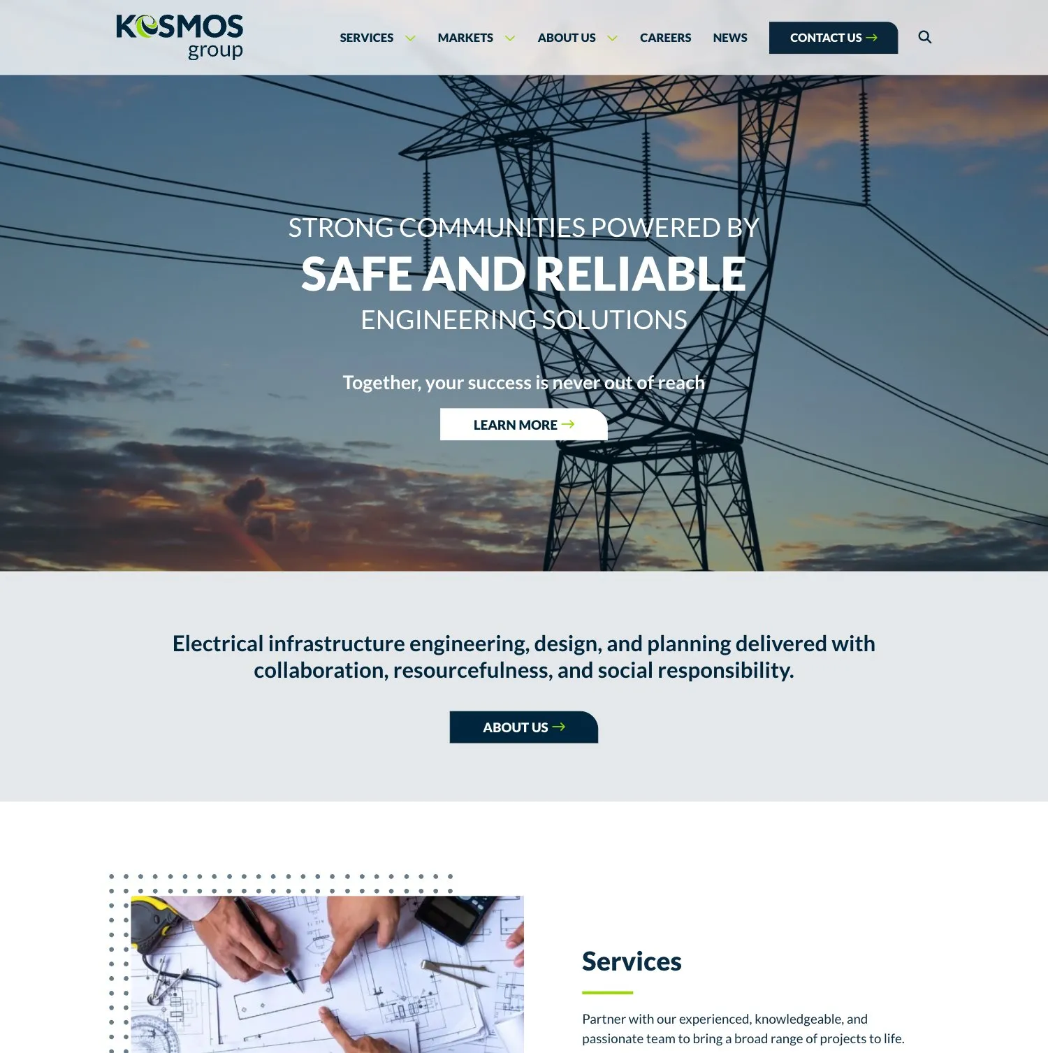 Kosmos Group homepage — a transmission tower at sunset behind the headline “Strong Communities Powered by Safe and Reliable Engineering Solutions,” above a statement on electrical infrastructure engineering and a Services section with engineers reviewing plans