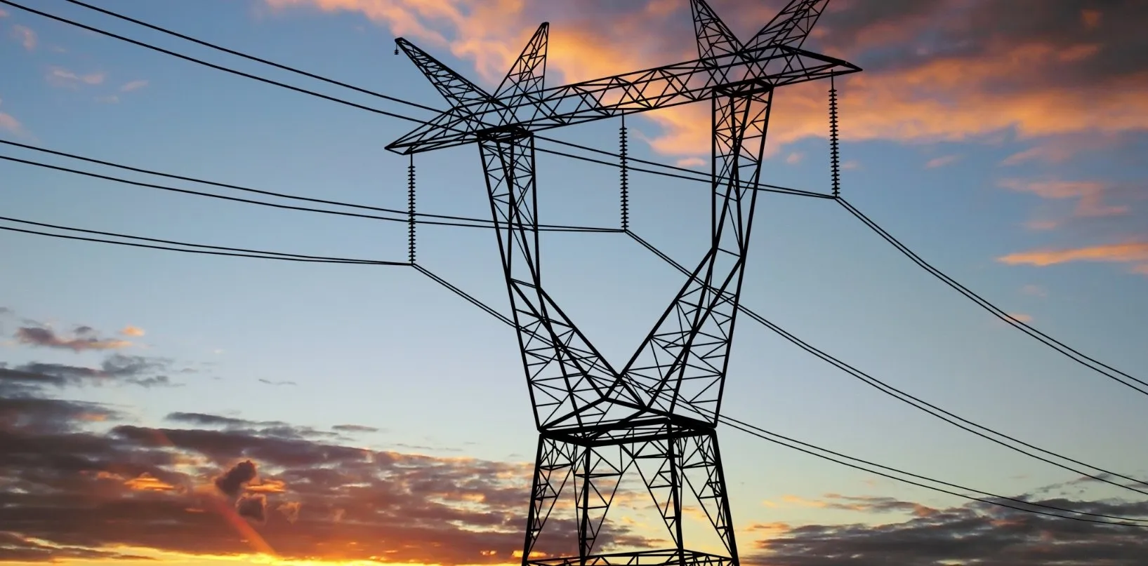 Steel high-voltage transmission tower and power lines silhouetted against a sunset sky — cover image for the Kosmos Group website project