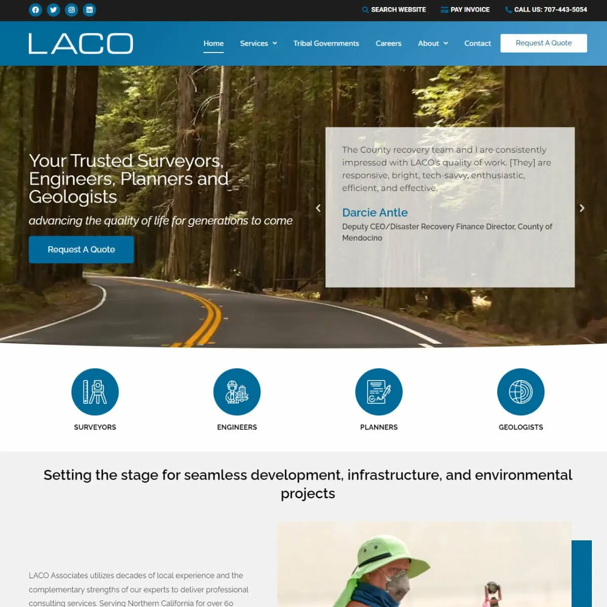 LACO Associates homepage — redwood forest road hero with the headline “Your Trusted Surveyors, Engineers, Planners and Geologists” and a client testimonial panel, above icons for each of the four disciplines