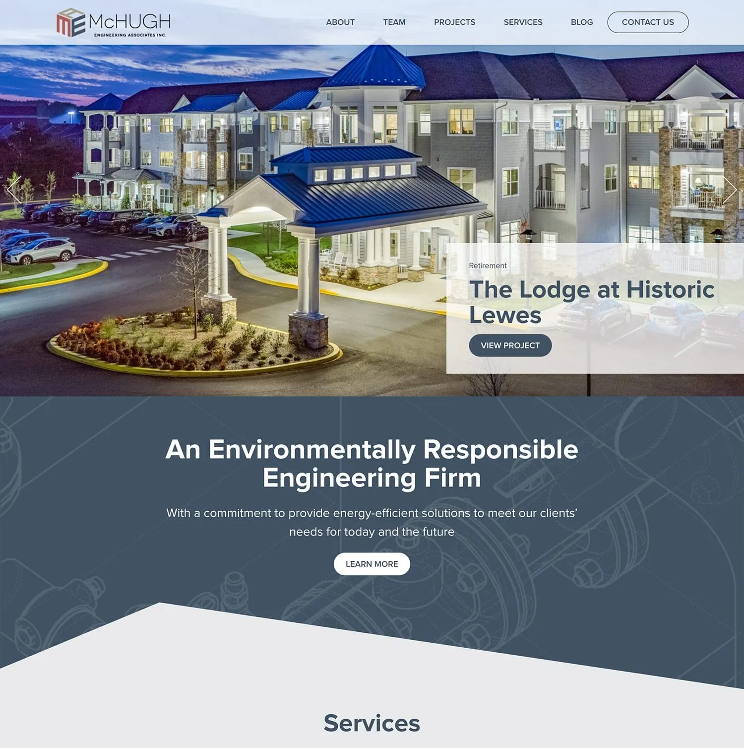 McHugh Engineering homepage — twilight photo of The Lodge at Historic Lewes retirement community in a project slider, above a slate-blue band reading “An Environmentally Responsible Engineering Firm”