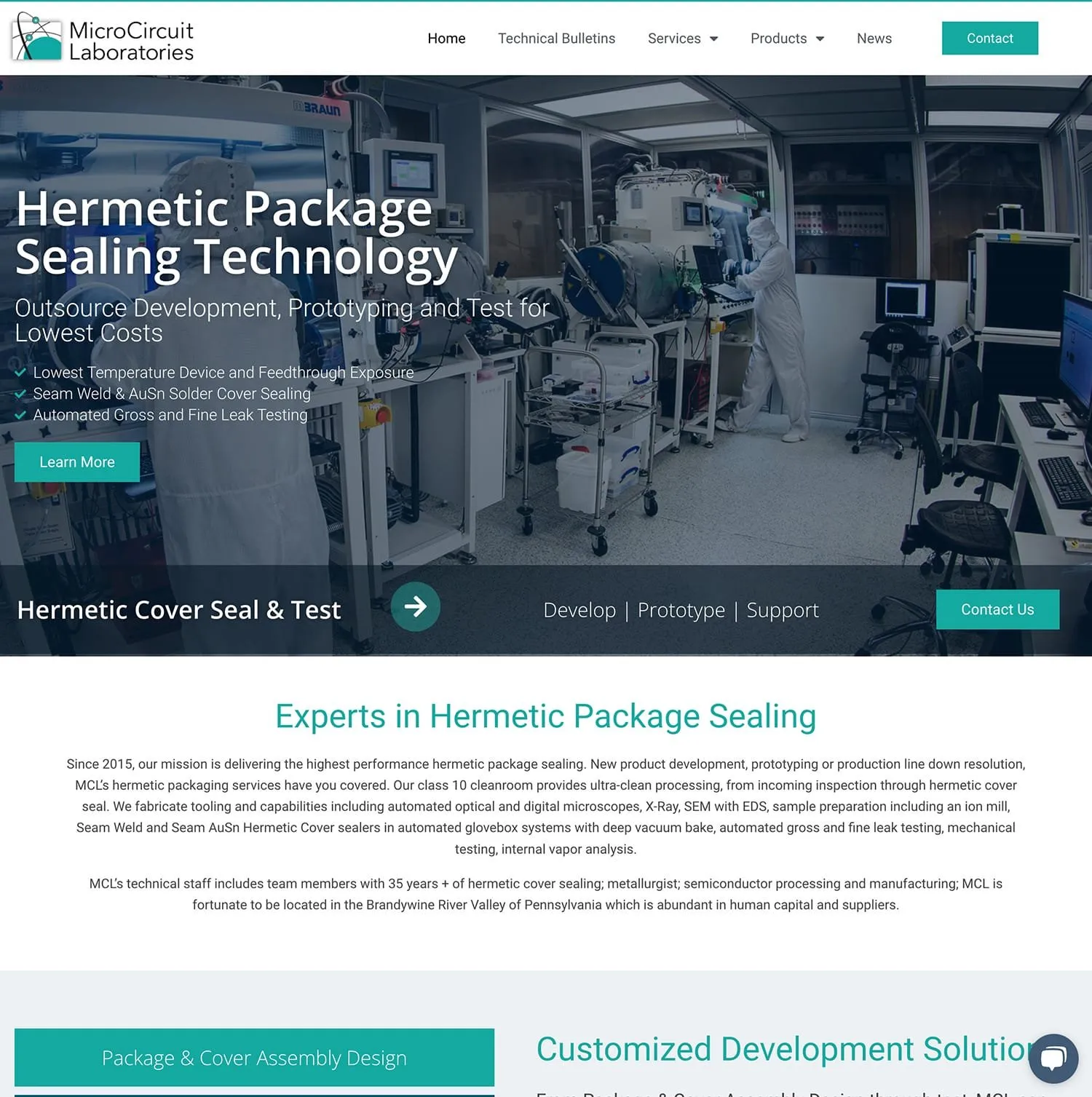 MicroCircuit Laboratories homepage — cleanroom photo of a technician at sealing equipment behind the headline “Hermetic Package Sealing Technology,” above an Experts in Hermetic Package Sealing introduction