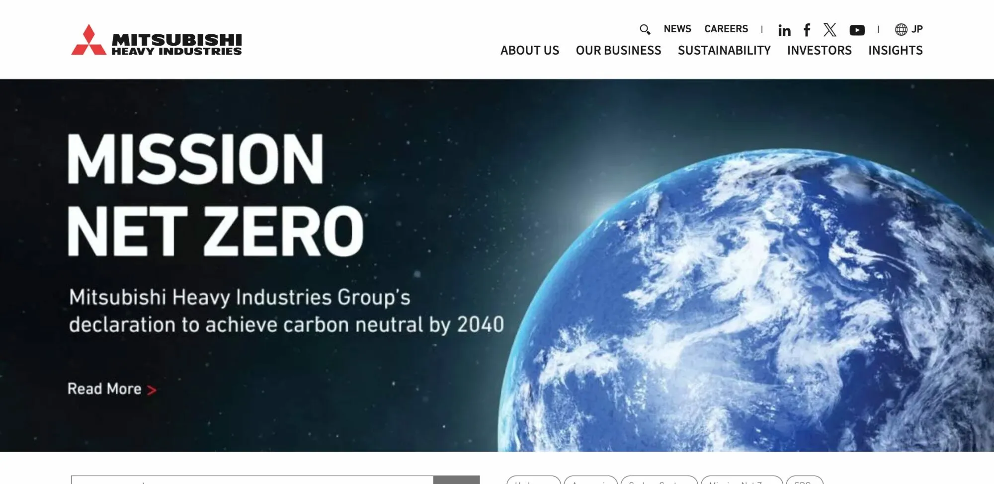 Mitsubishi Heavy Industries homepage: image of Earth from space with the headline “Mission Net Zero” and a pledge to achieve carbon neutrality by 2040