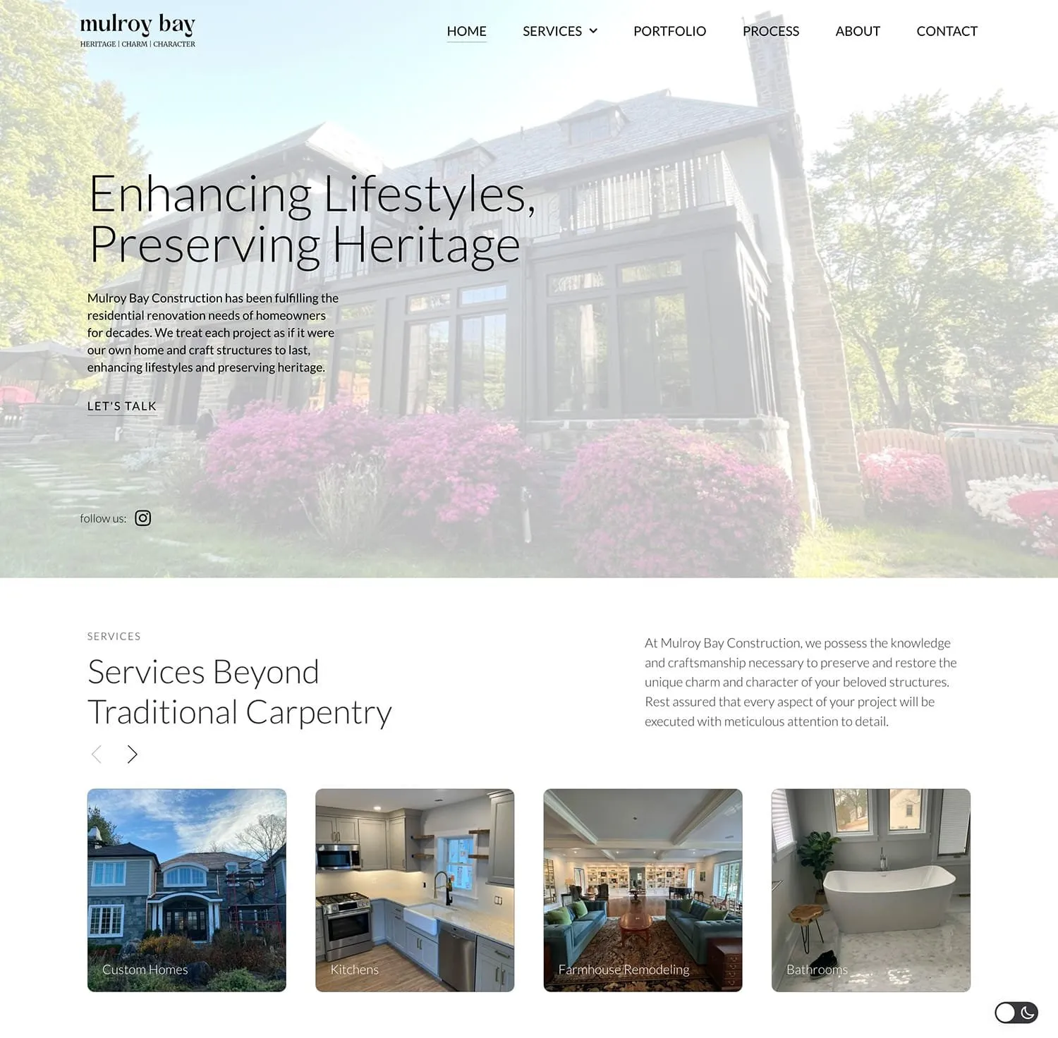 Mulroy Bay homepage — softly faded photo of a stone-and-shingle home with flowering shrubs behind the headline “Enhancing Lifestyles, Preserving Heritage,” above a services carousel of custom homes, kitchens, and bathrooms