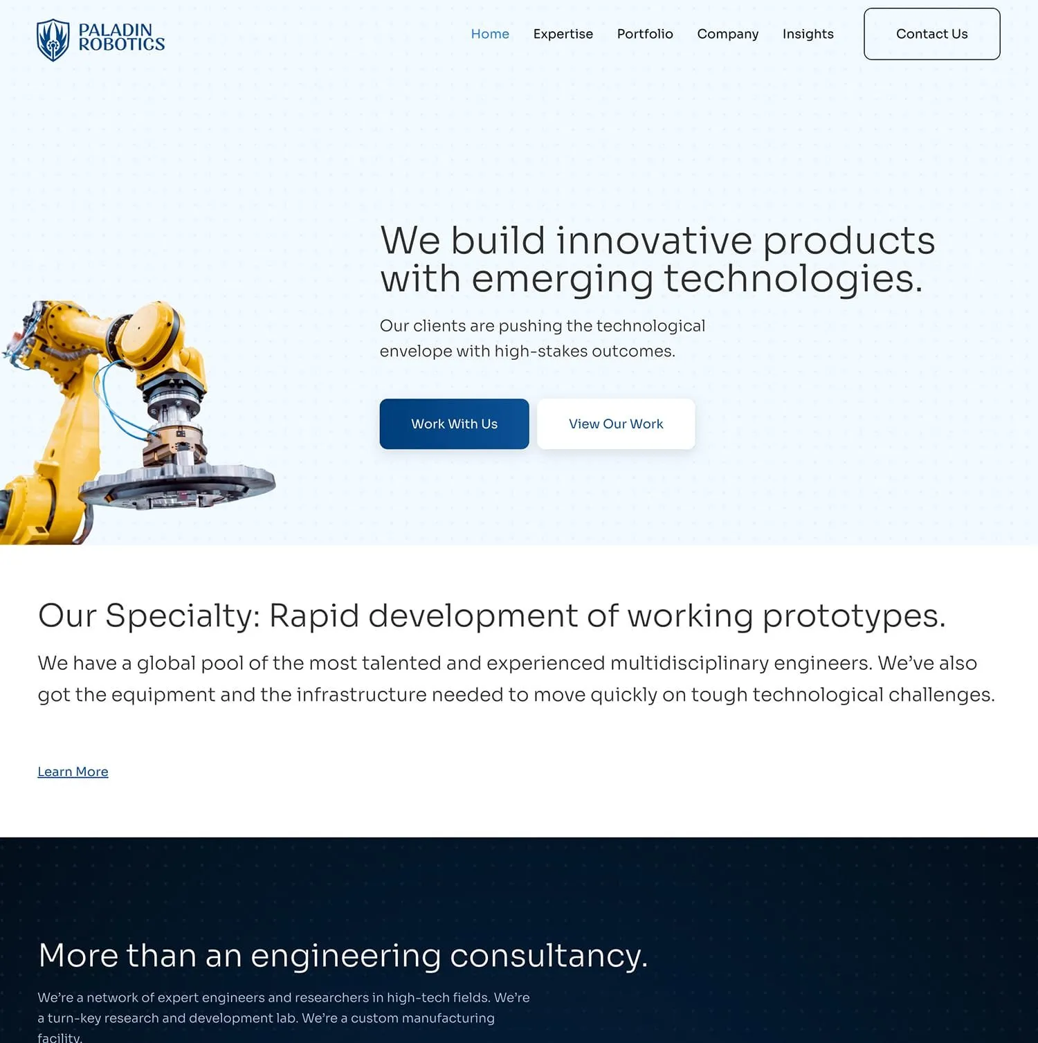 Paladin Robotics homepage — yellow industrial robot arm beside the headline “We build innovative products with emerging technologies” on a light background, followed by a section on rapid prototype development
