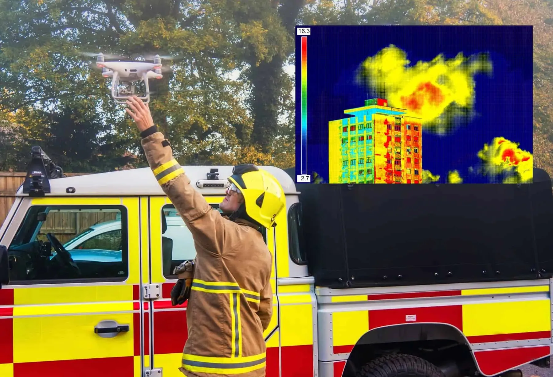 Firefighter launching a drone beside a response vehicle, with a thermal image of a building inset — cover image for the Paladin Robotics website project