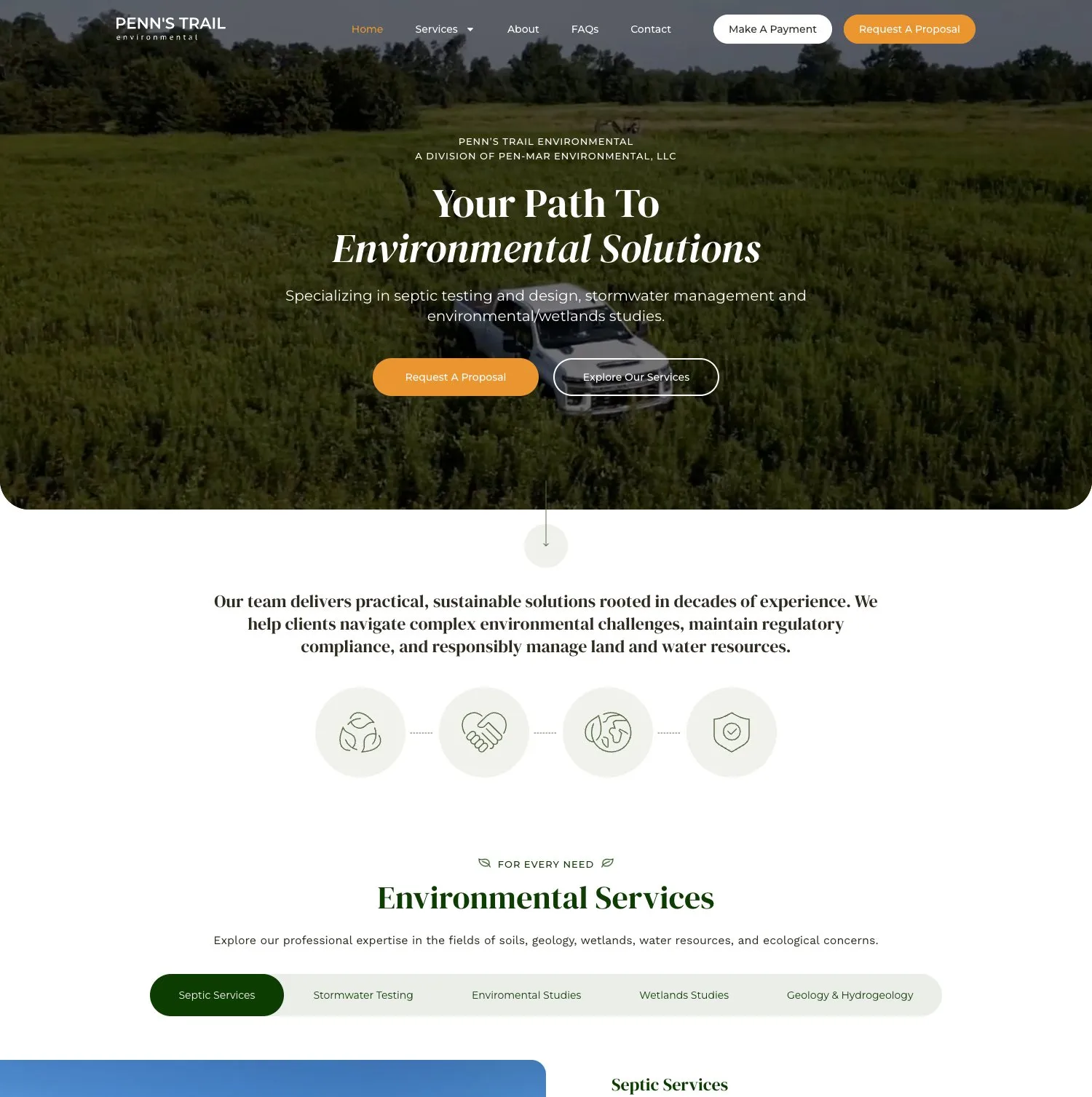 Penn's Trail Environmental homepage — a pickup truck in a green field behind the headline “Your Path To Environmental Solutions” and buttons to request a proposal or explore services, above an intro statement, four circular values icons, and tabs for each environmental service