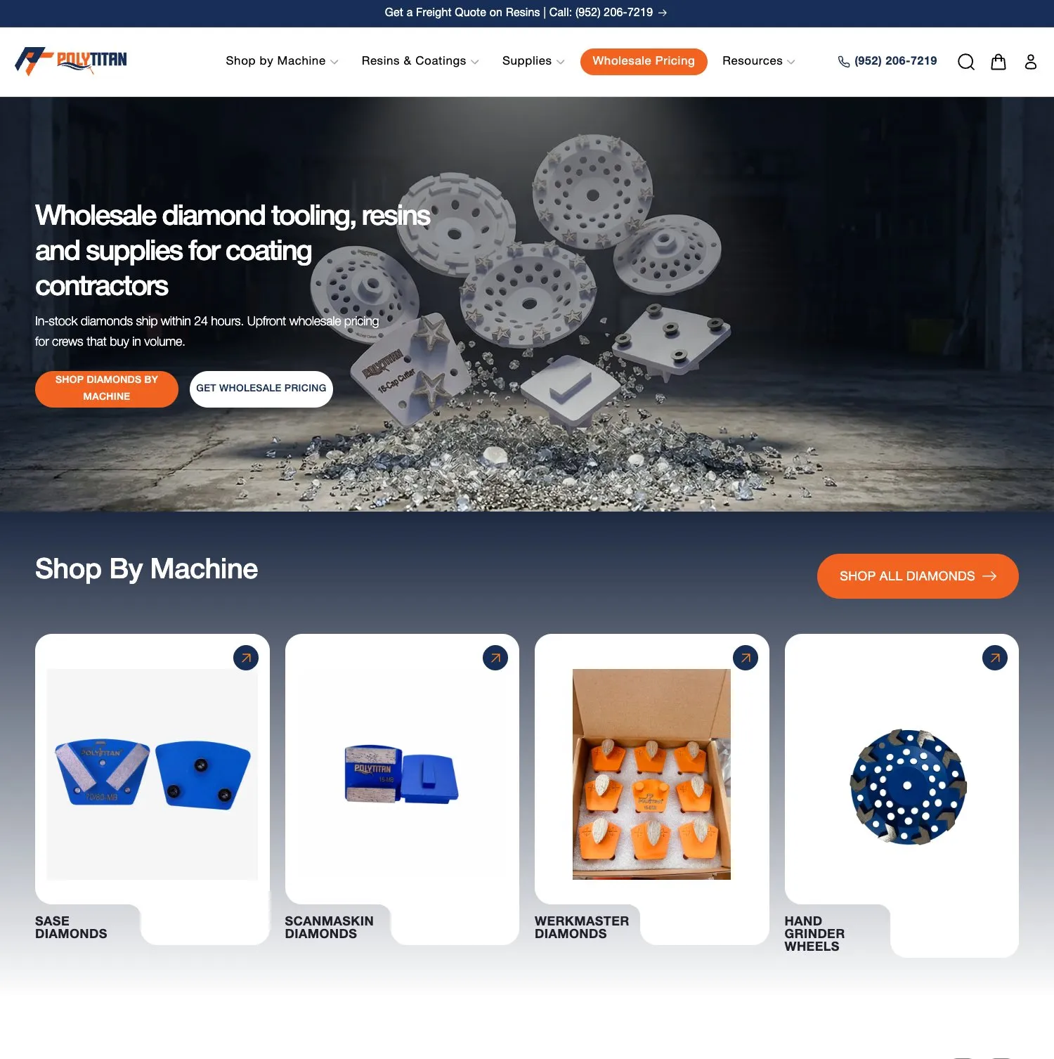 PolyTitan Coatings homepage — diamond grinding tools behind the headline “Wholesale diamond tooling, resins and supplies for coating contractors,” above a Shop By Machine row of product cards