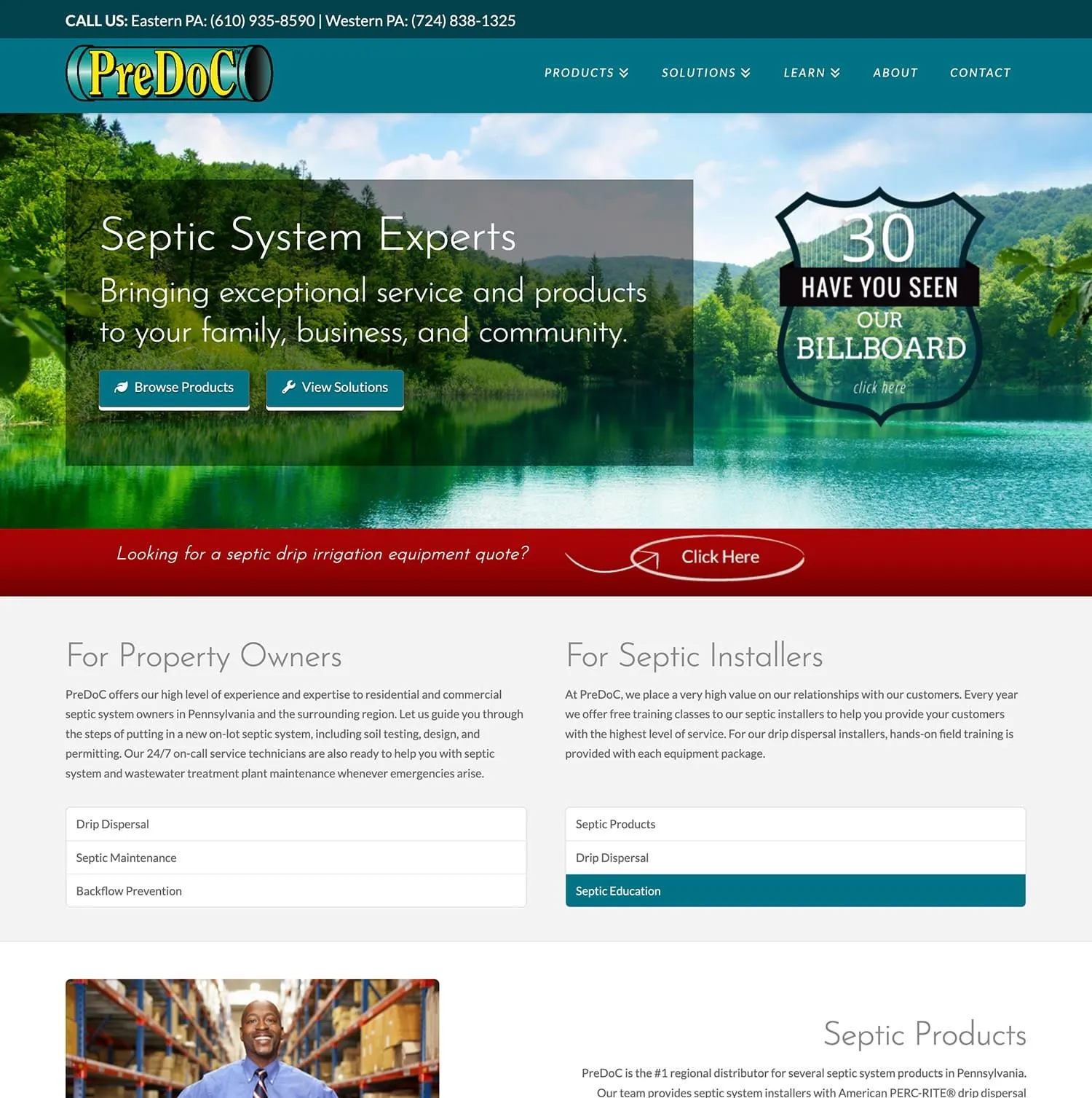 PreDoC homepage — mountain lake hero with the headline “Septic System Experts” and buttons to browse products and solutions, above separate sections for property owners and septic installers
