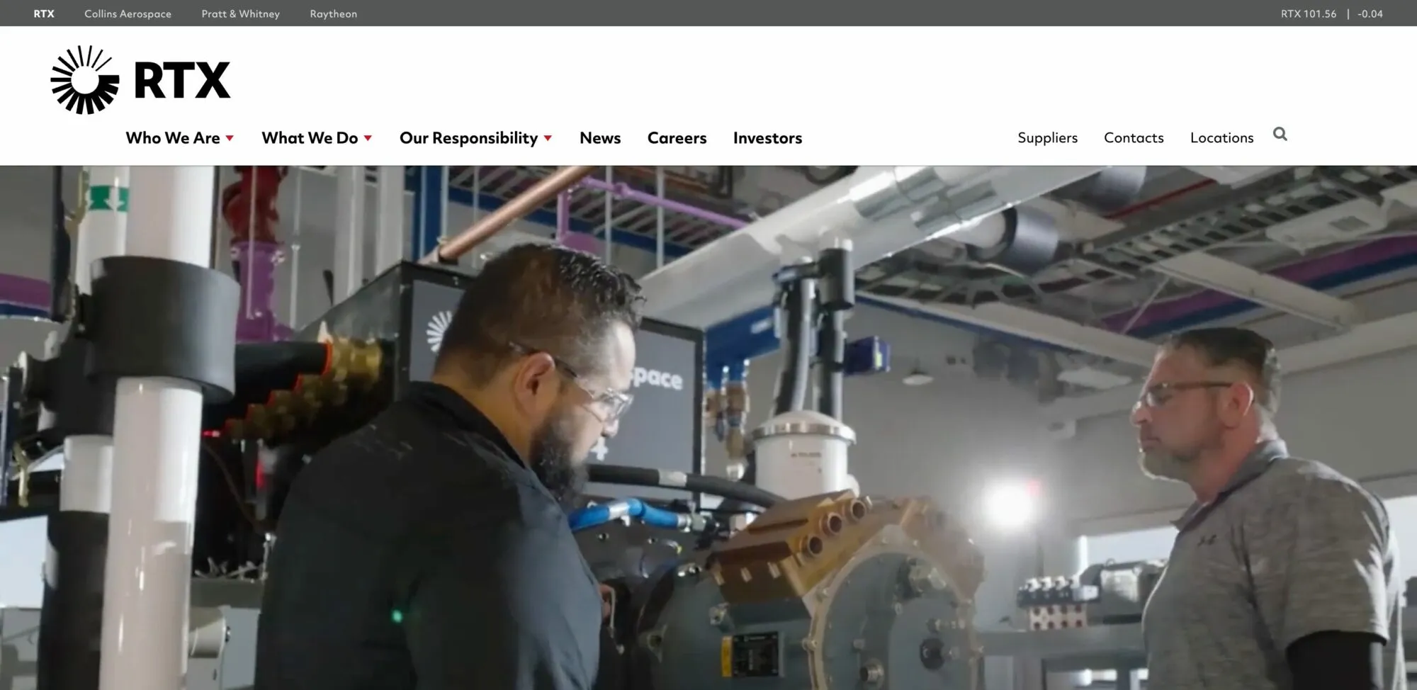 RTX homepage: two engineers inspecting aerospace hardware in a lab under a navigation bar for Who We Are, What We Do and Our Responsibility