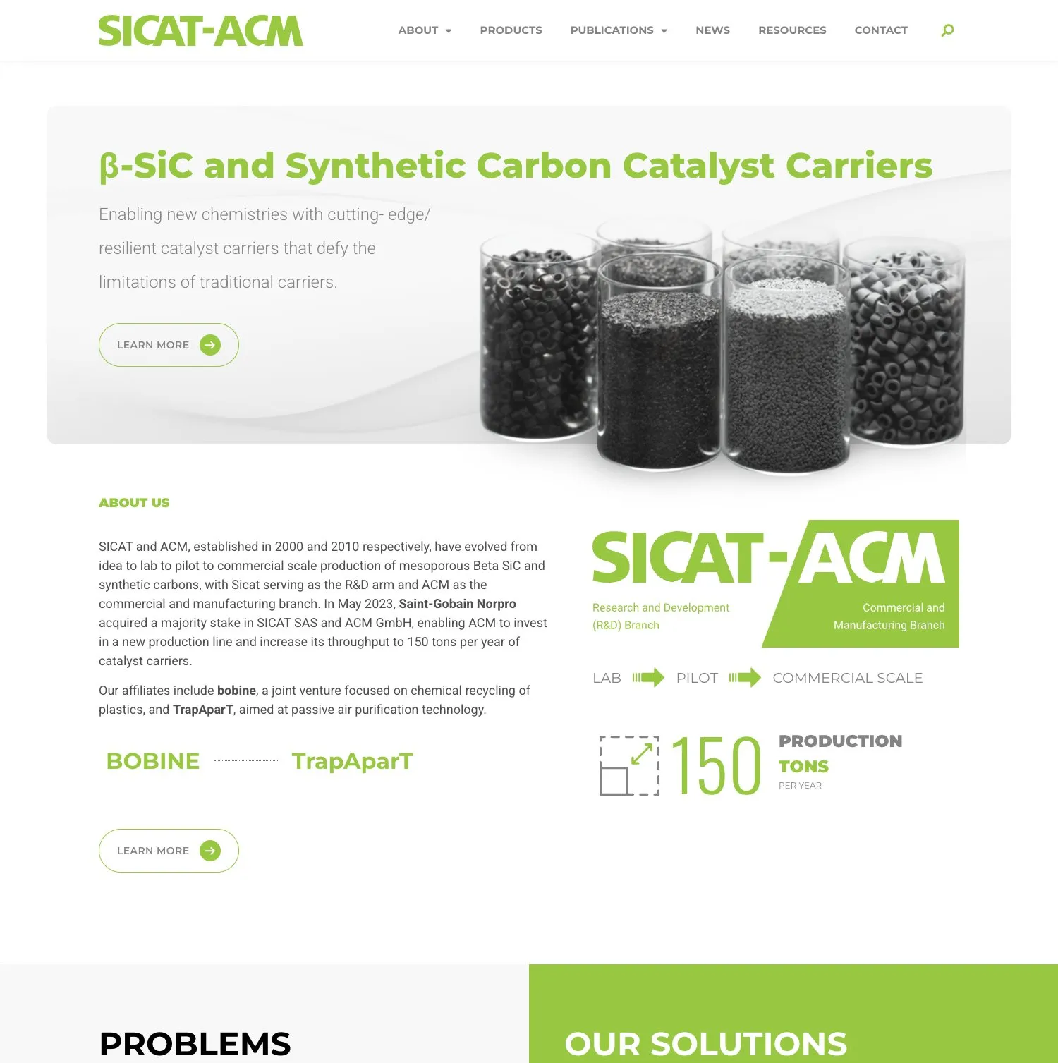 SiCat Catalyst homepage — beakers of silicon carbide and carbon pellets under the headline “β-SiC and Synthetic Carbon Catalyst Carriers,” above an About Us section with the SICAT-ACM logo and a 150-tons-per-year production figure