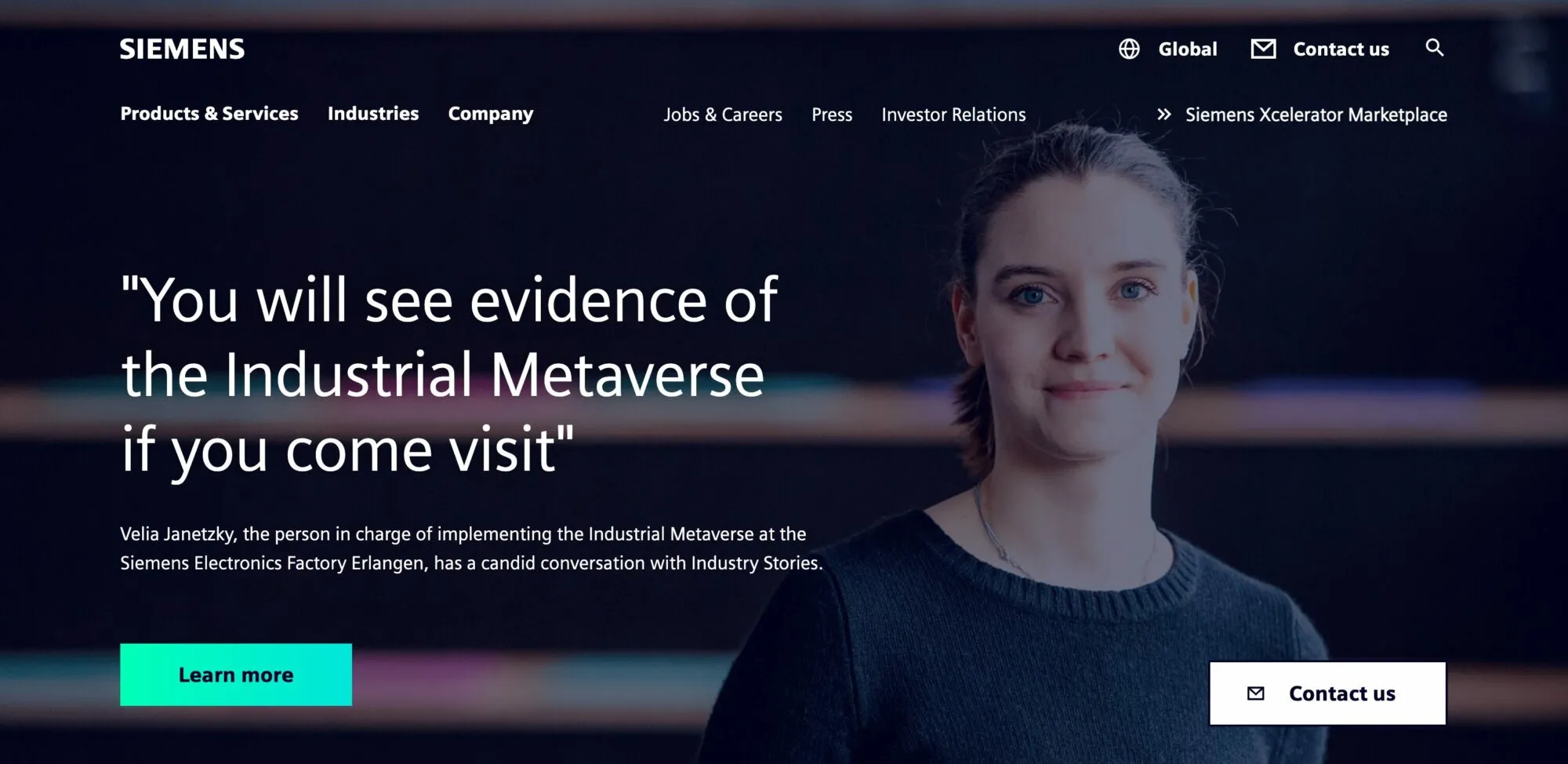Siemens homepage: portrait of a smiling employee beside the quote “You will see evidence of the Industrial Metaverse if you come visit” and a link to the Siemens Xcelerator Marketplace