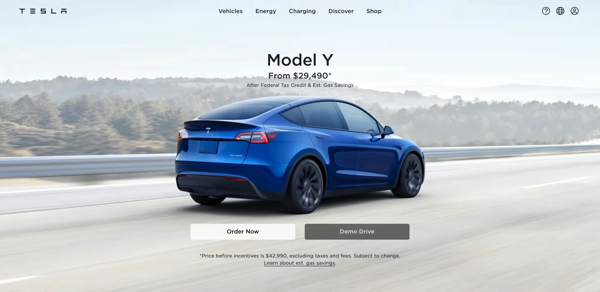 Tesla homepage: a blue Model Y driving on an open highway under the headline “Model Y,” with Order Now and Demo Drive buttons