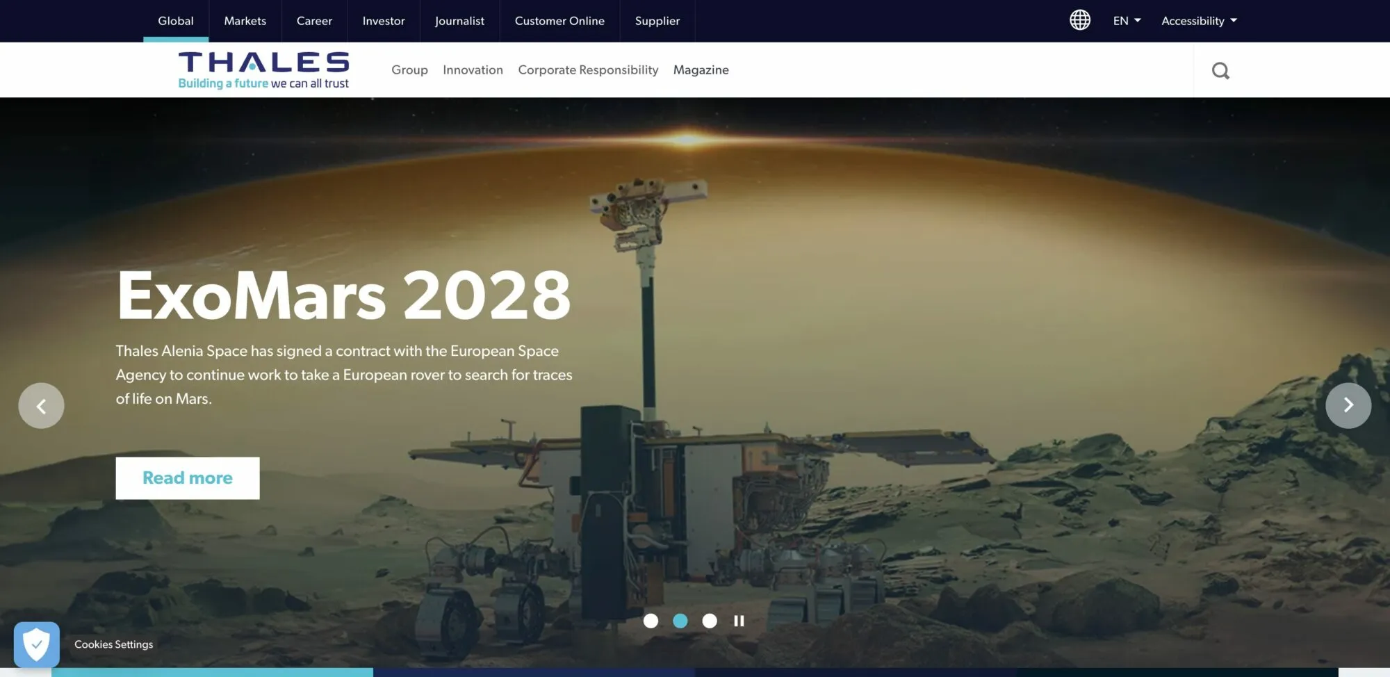 Thales homepage: a Mars rover on a rocky surface under the headline “ExoMars 2028” in a hero carousel