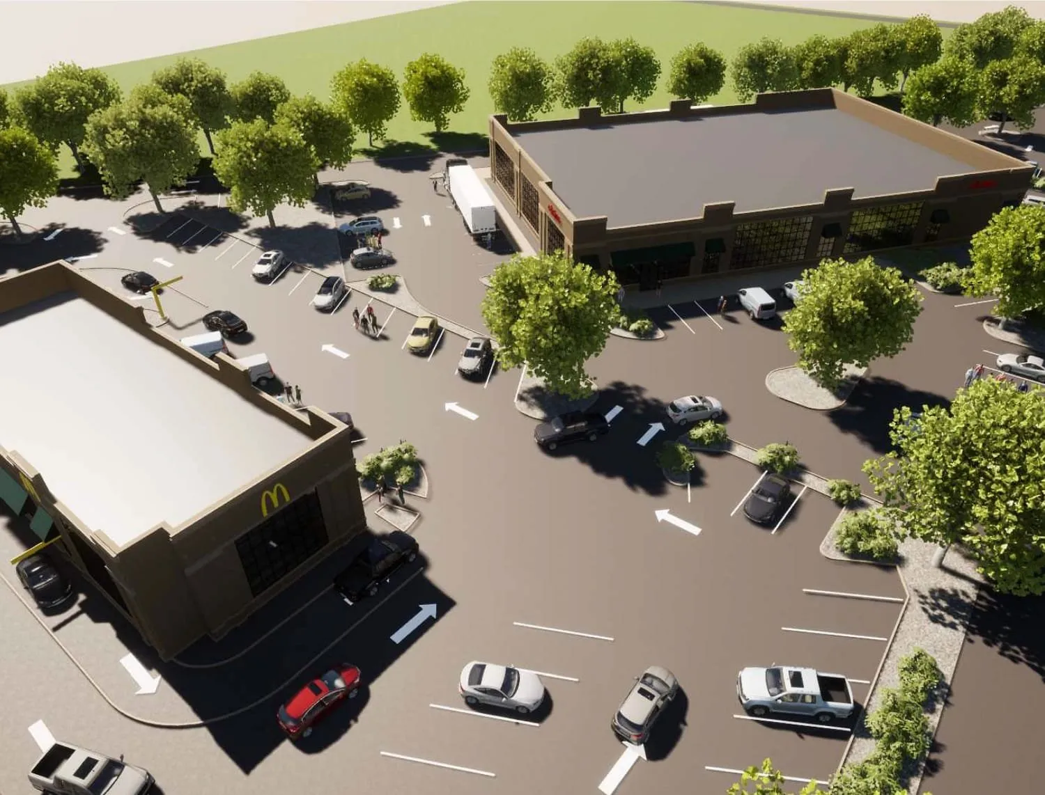 Architectural rendering of a new retail pad site with a drive-through restaurant, parking, and landscaping — cover image for The Legacy Group website project
