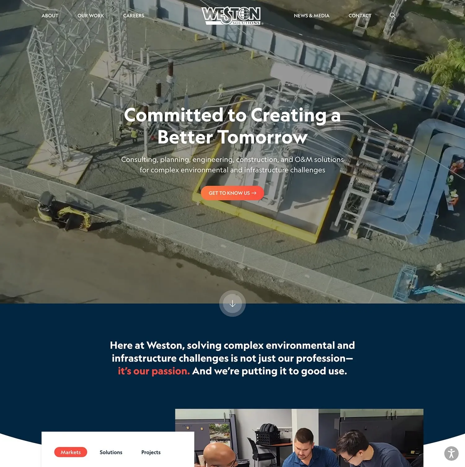 Weston Solutions homepage — aerial photo of an industrial site behind the headline “Committed to Creating a Better Tomorrow,” with a navy section below introducing the firm's environmental and infrastructure work