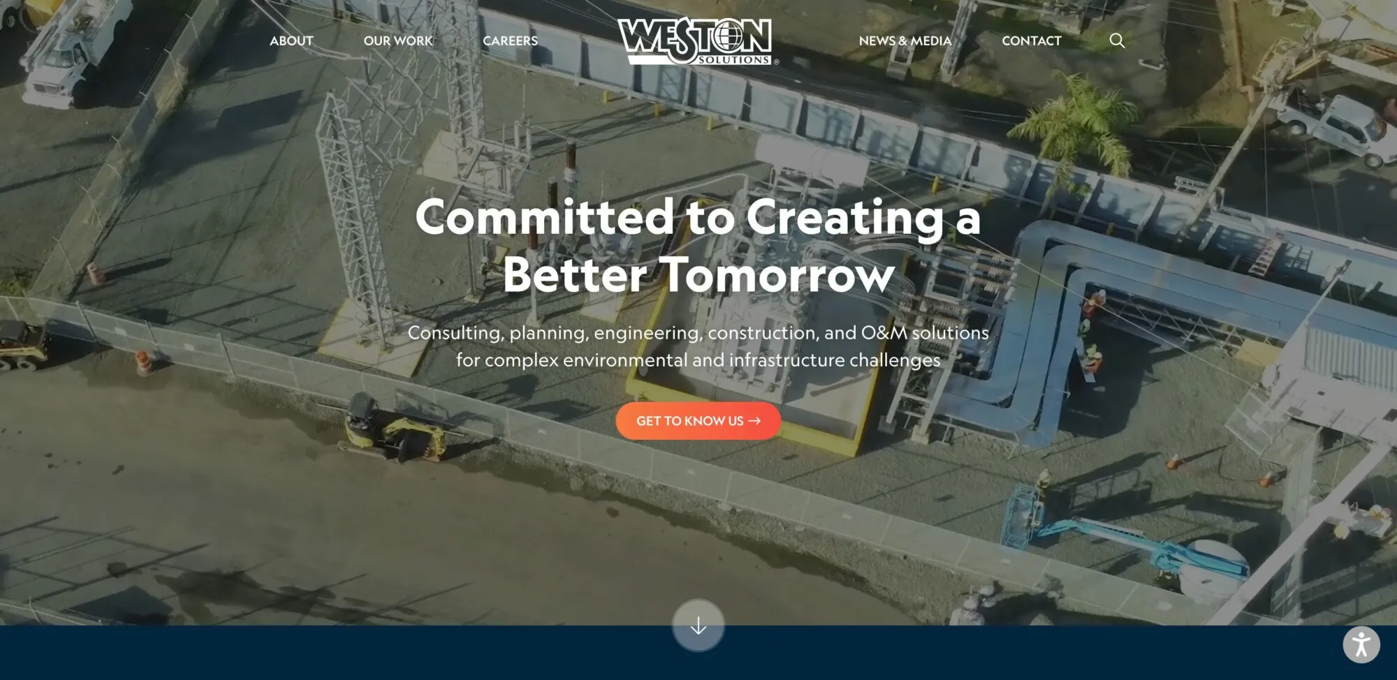 Weston Solutions homepage: aerial photo of an active utility and infrastructure construction site behind the headline “Committed to Creating a Better Tomorrow”