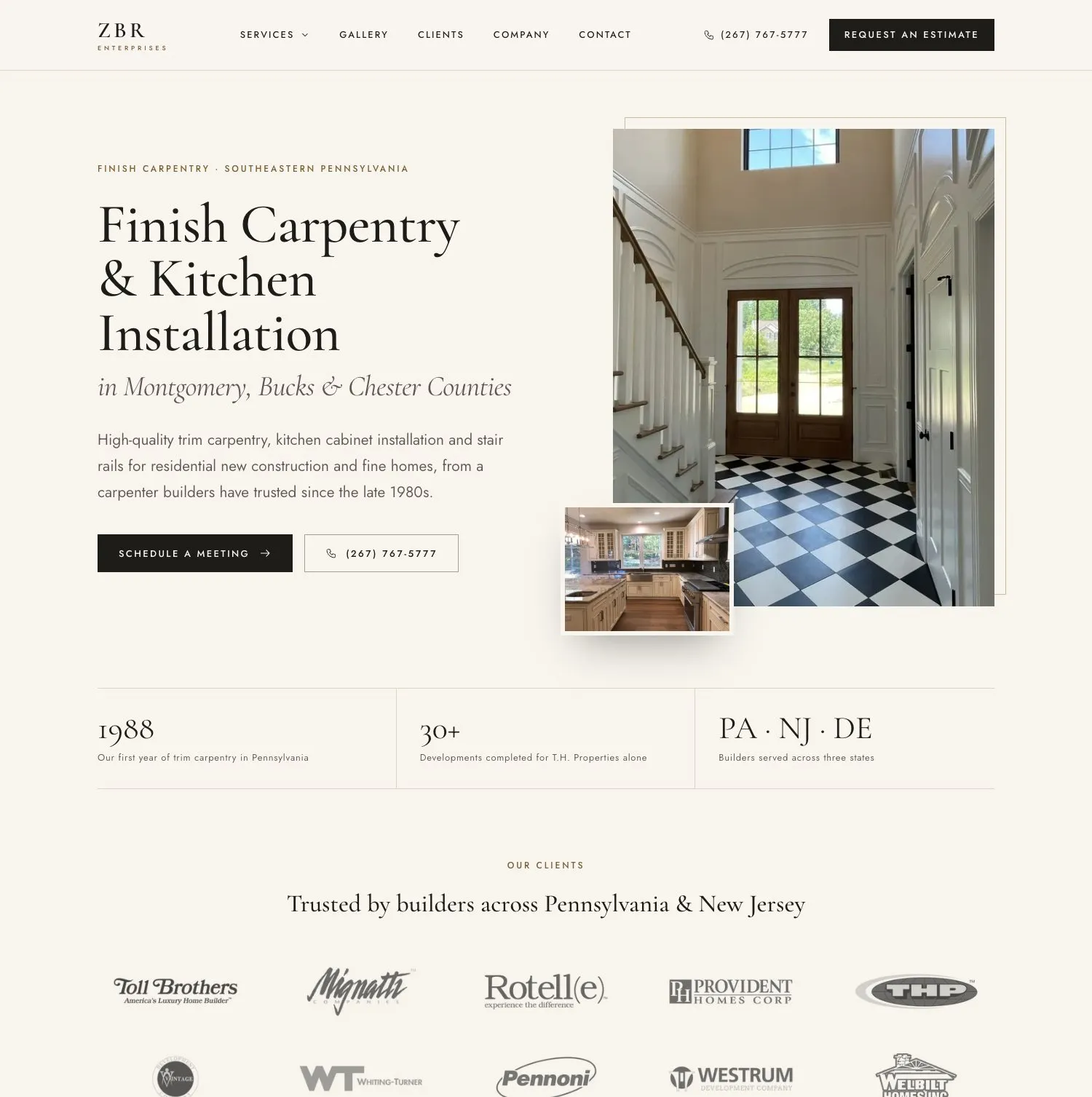 ZBR Enterprises homepage — the headline “Finish Carpentry & Kitchen Installation in Montgomery, Bucks & Chester Counties” beside foyer and kitchen photos, above a stats row and a band of builder client logos