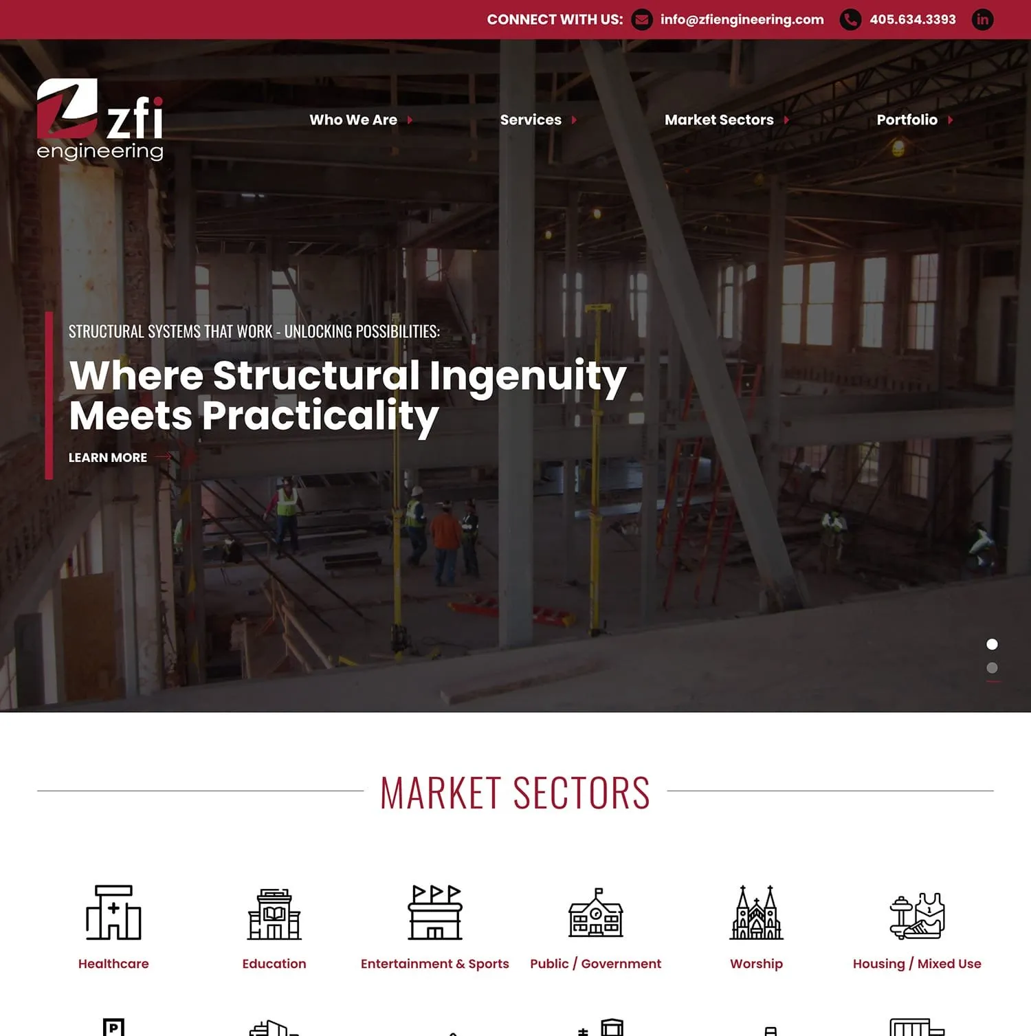 ZFI Engineering homepage — dimmed photo of a building interior under renovation behind the headline “Where Structural Ingenuity Meets Practicality,” followed by a row of market-sector icons for healthcare, education, government, and more